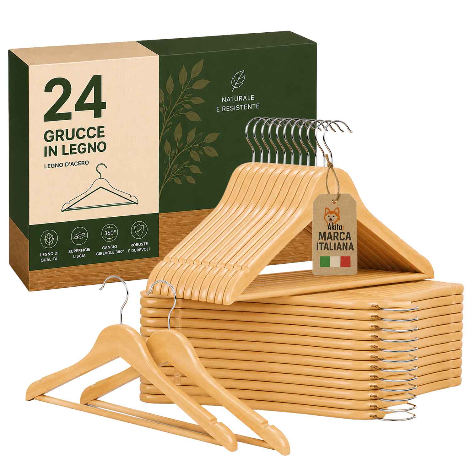 Set 24 grucce in legno con barra antiscivolo e gancio 360.