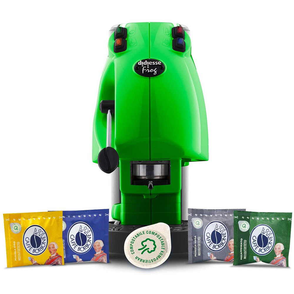 Frog revolution macchina da caffe' a cialde verde 650w con 60 cialde in omaggio