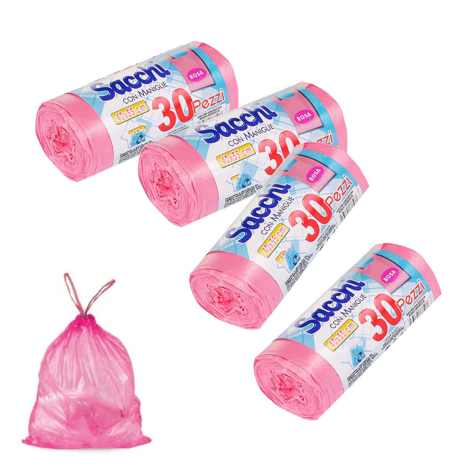 120 sacchi nettezza antiforo con manici 40x55 cm rosa.
