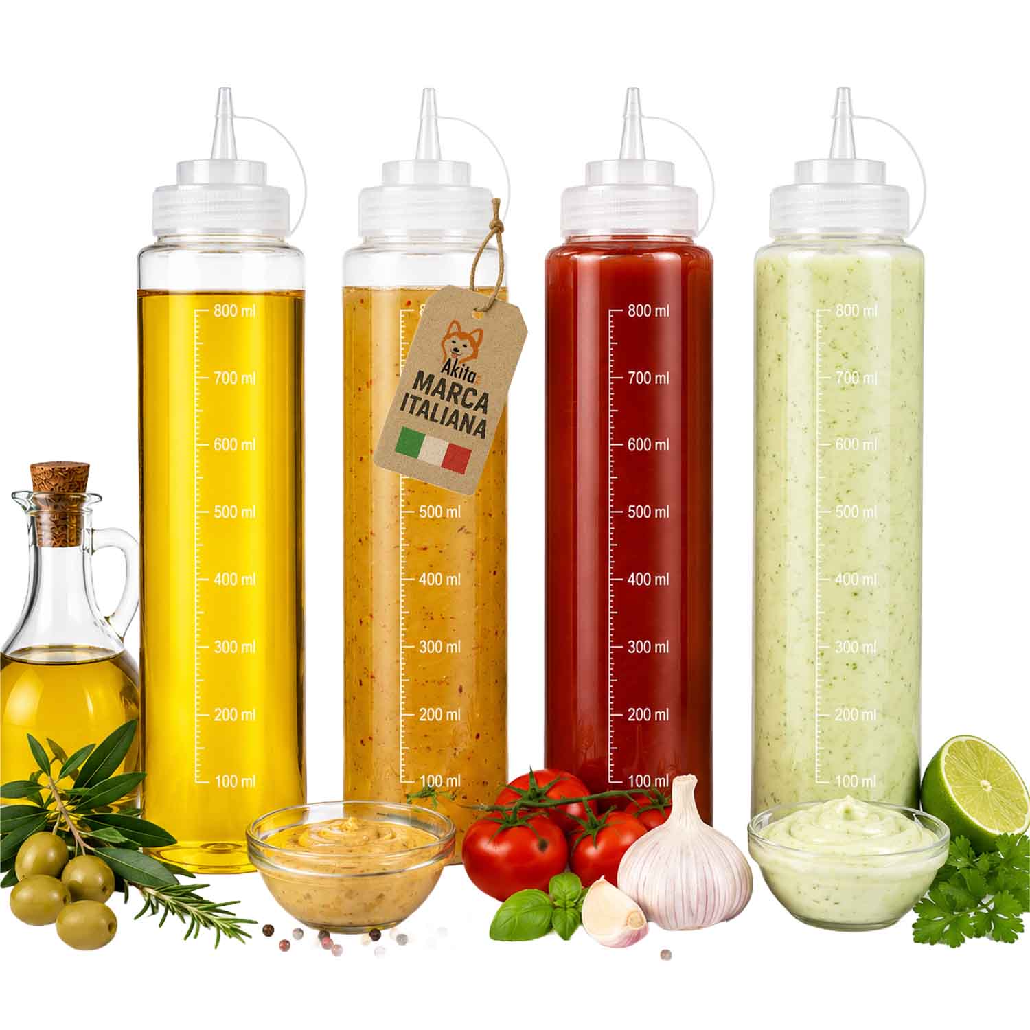 Set 4 bottiglie squeeze per salse 800 ml dosatrici.