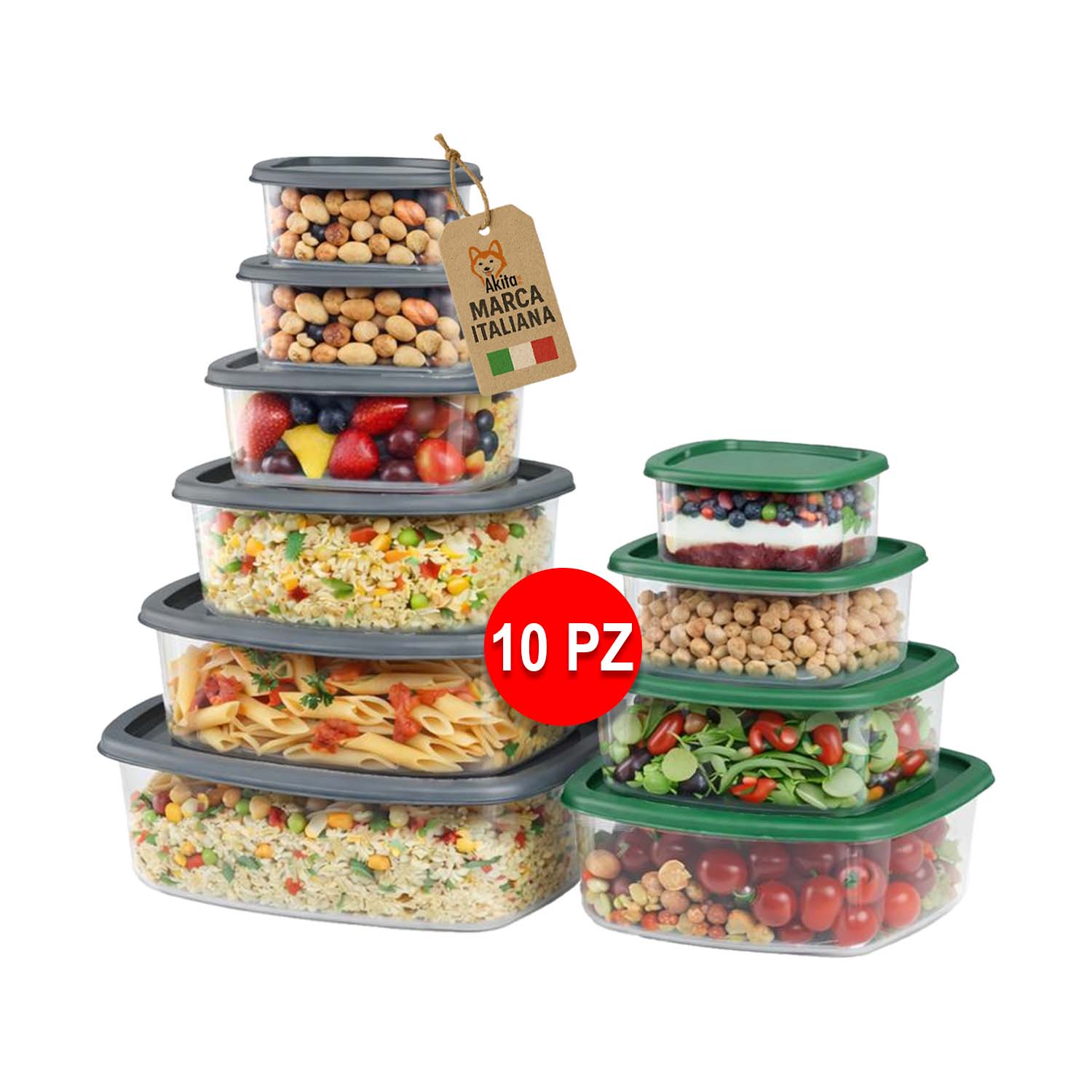 Set 10 contenitori per alimenti rettangolari con coperchio.