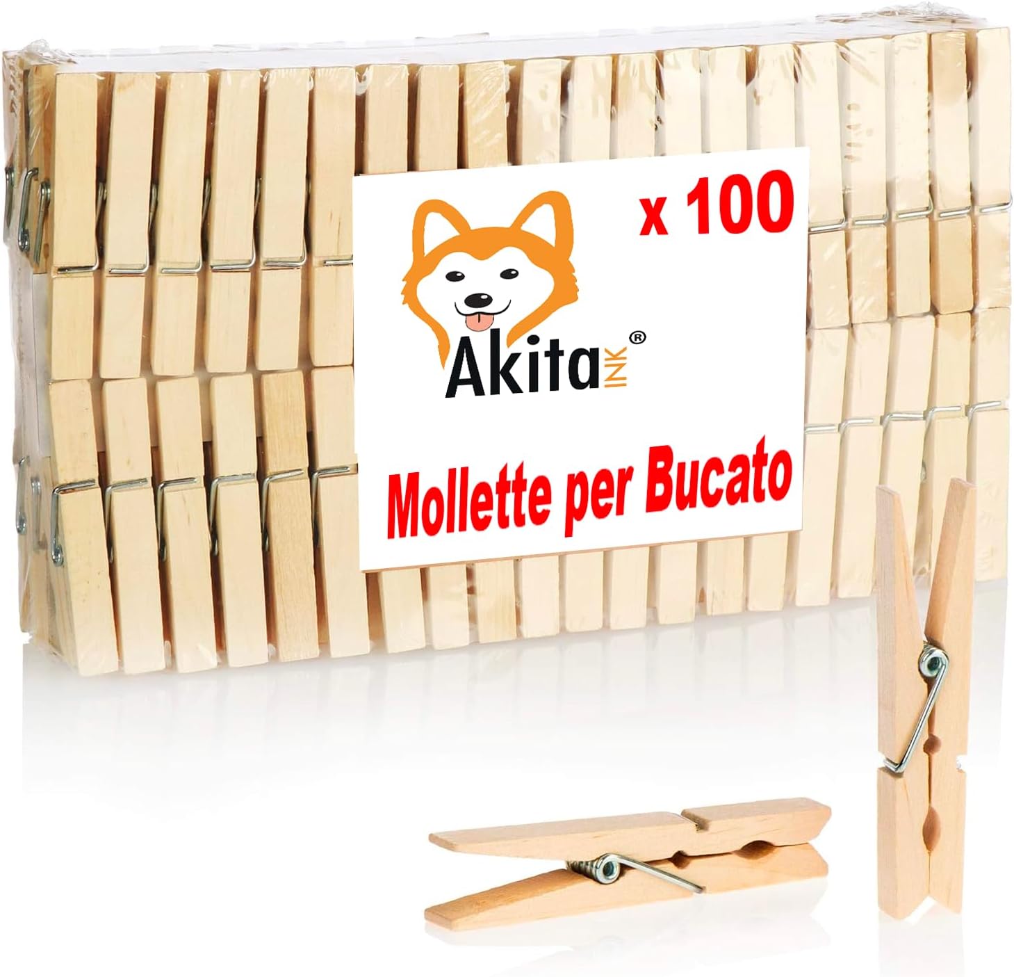 Akitaink - Mollette per Bucato 100 Pezzi, Mollette in Legno, lunghezza 10 cm