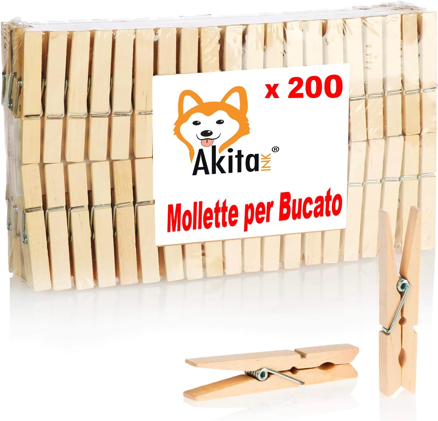 Akitaink - mollette per bucato 200 pezzi, mollette in legno, lunghezza 10 cm