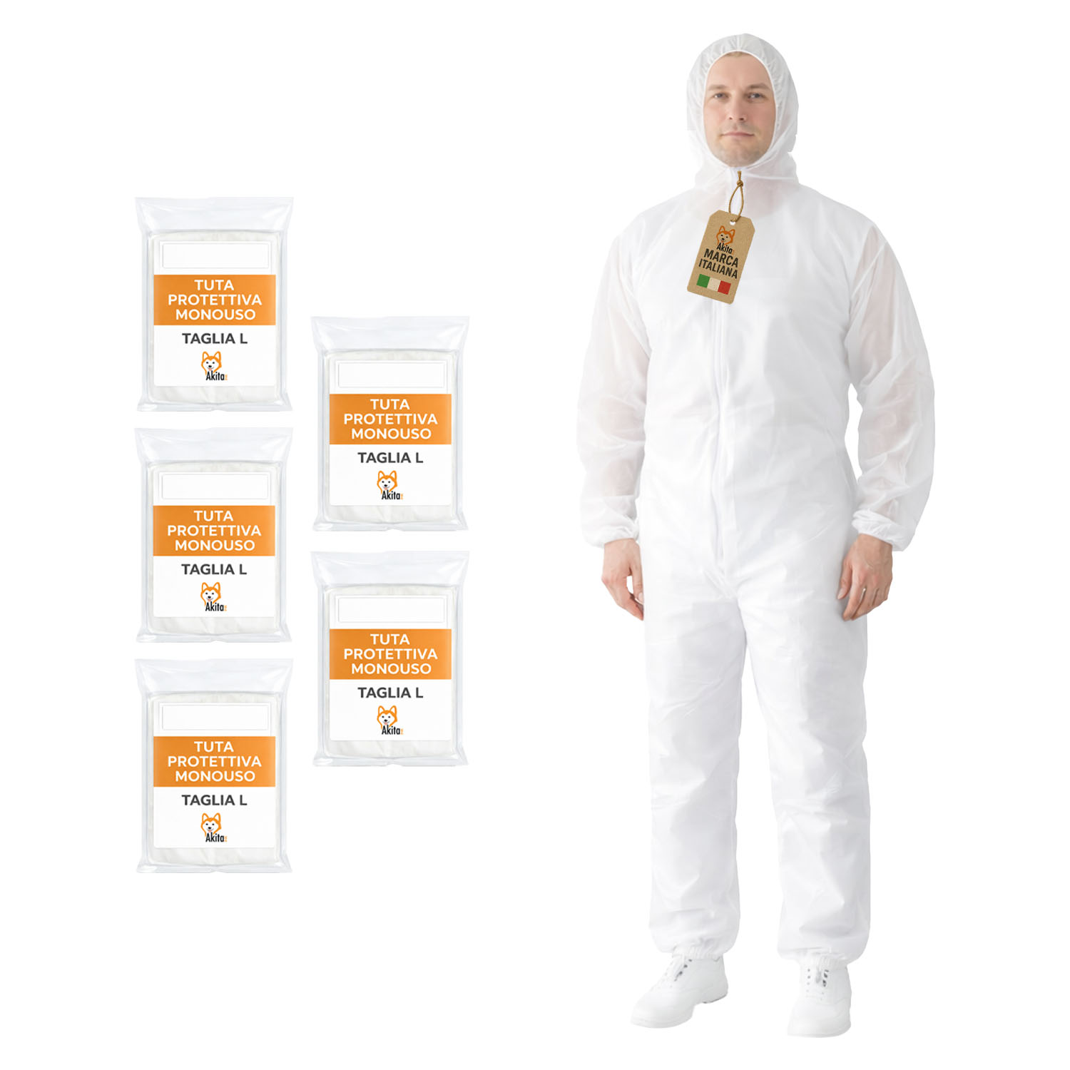 Tuta monouso in pp con cappuccio e zip 5 pz taglia l.