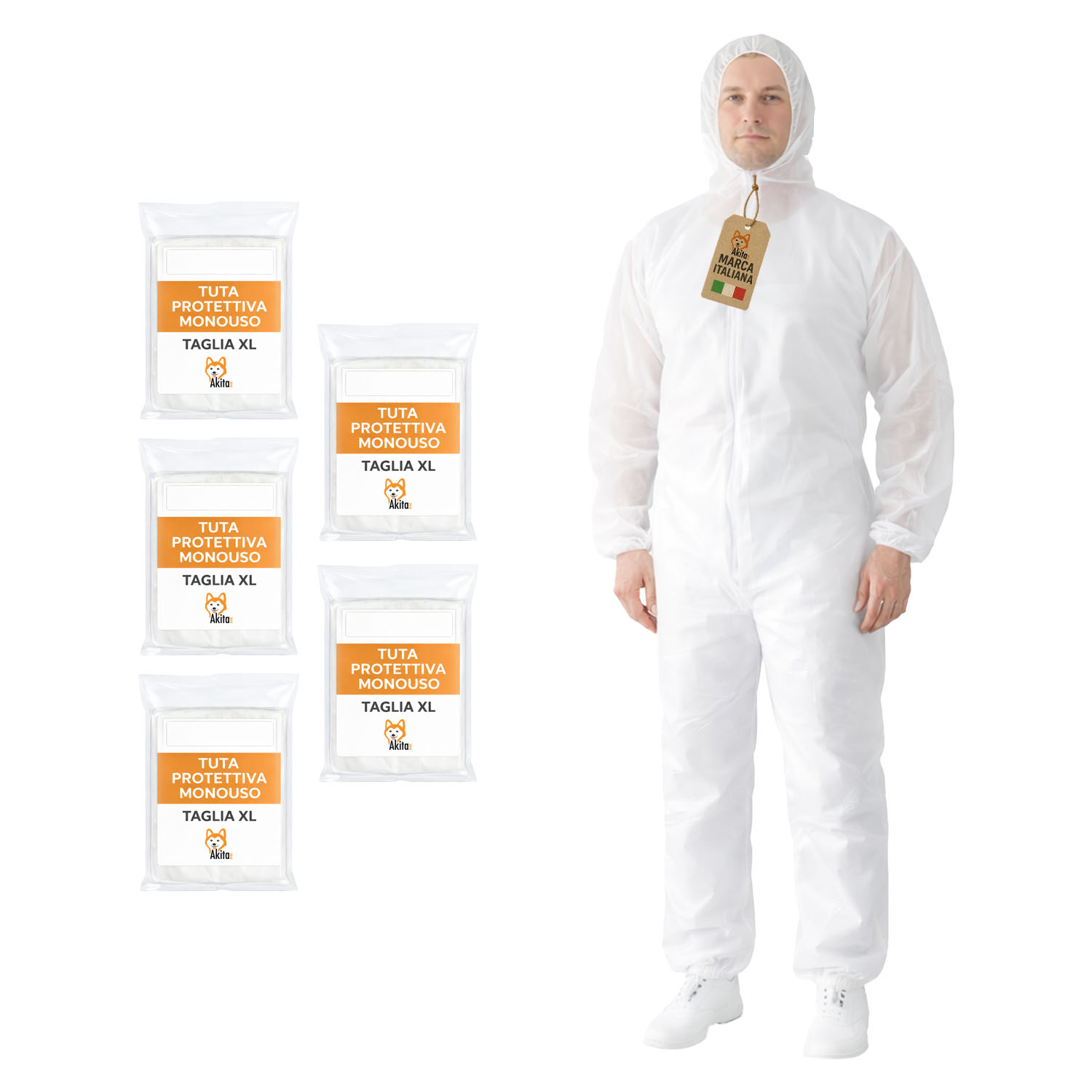 Tuta Monouso in PP con Cappuccio e Zip 5 Pz Taglia XL foto 2