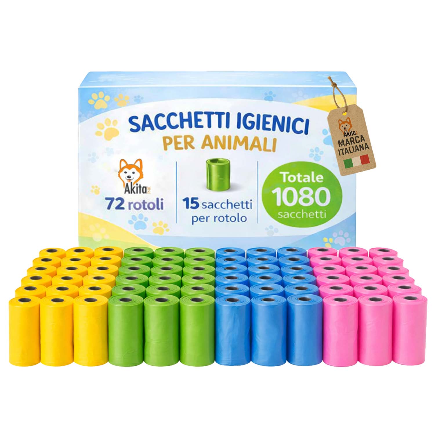 Sacchetti Igienici per Animali 1080 Pz Colorati 72 Rotoli