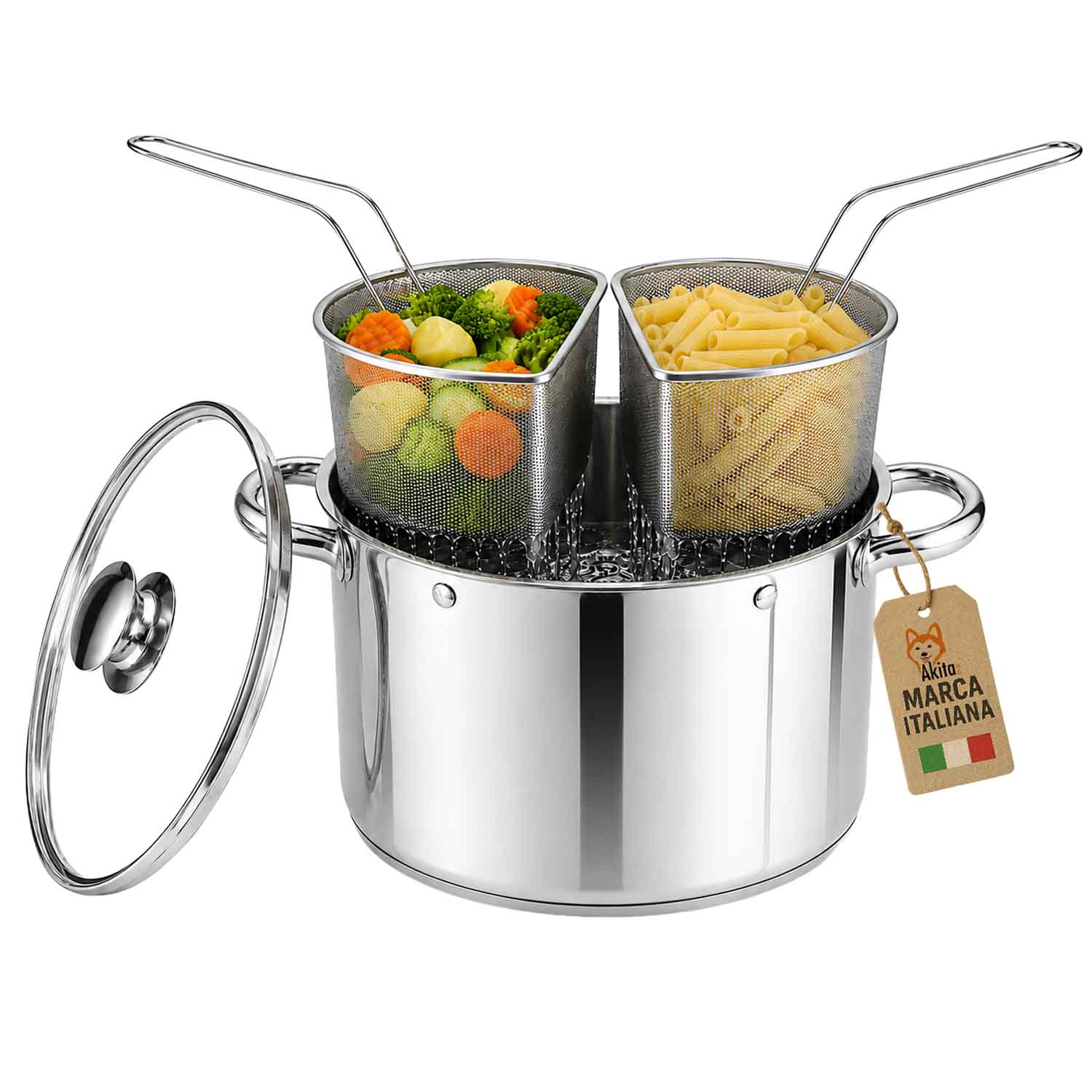 Bollipasta Inox 20 cm con 2 Cestelli e Coperchio Vetro foto 2