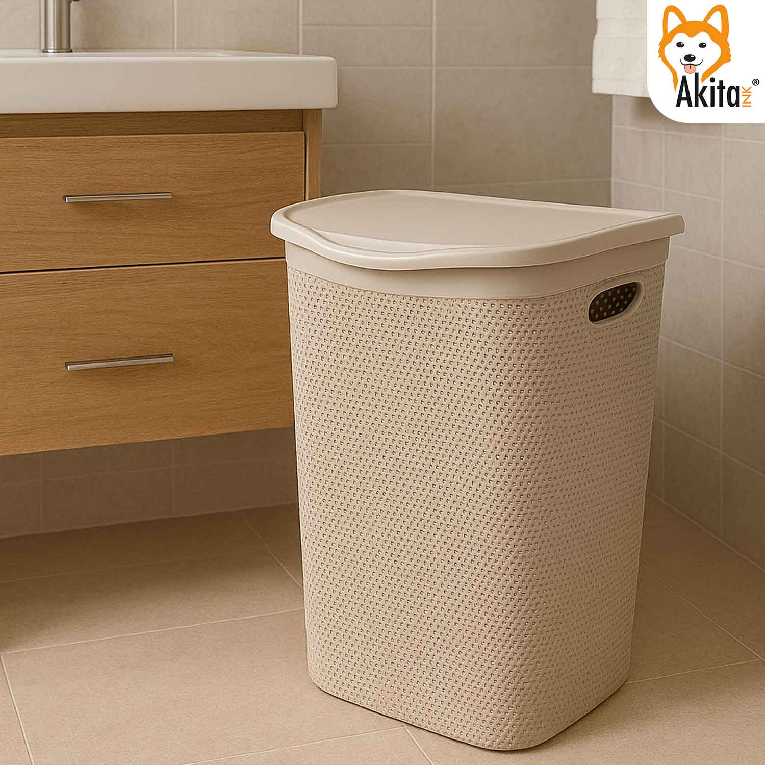 Cesto portabiancheria plastica con coperchio intreccio tortora foto 3
