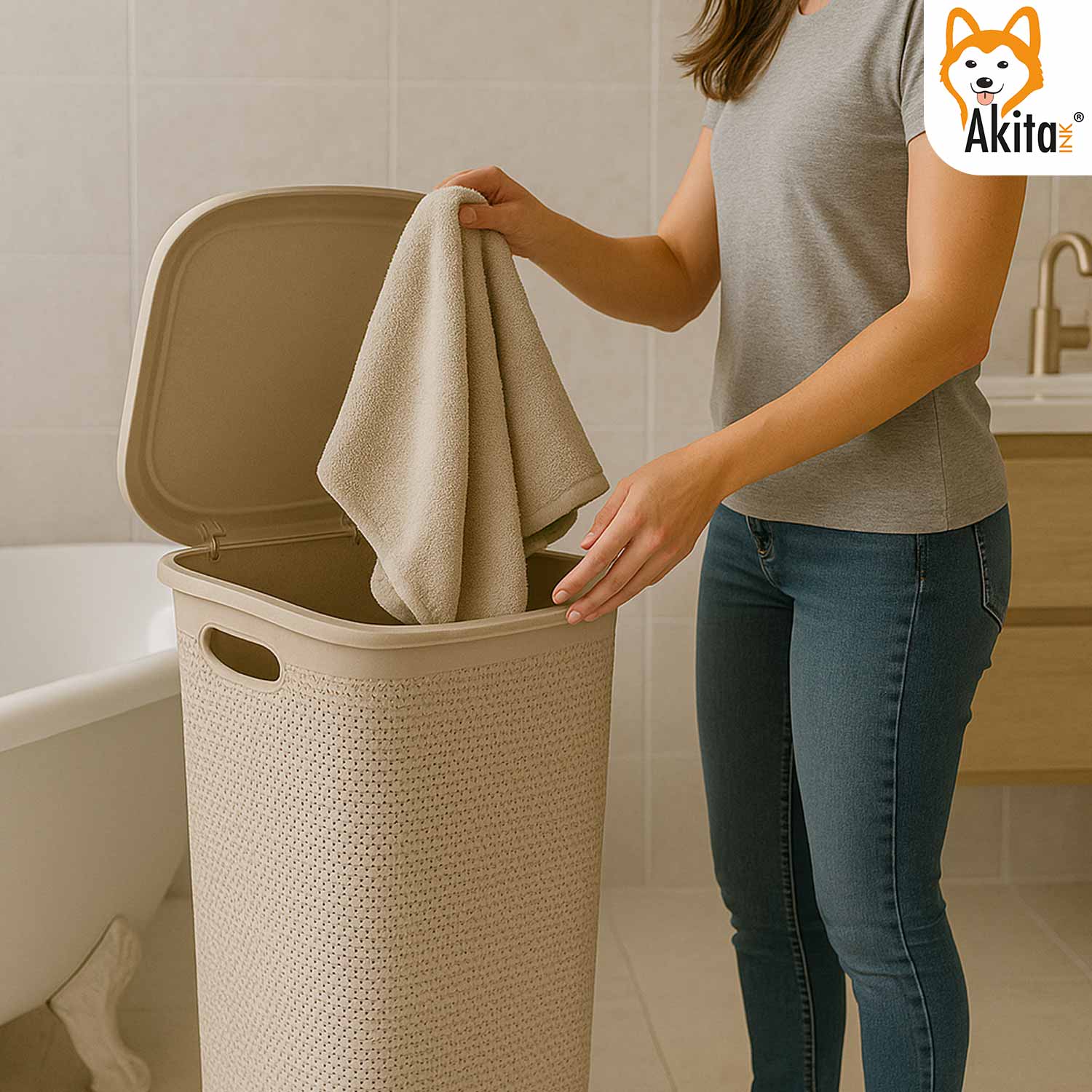 Cesto portabiancheria plastica con coperchio intreccio tortora foto 6