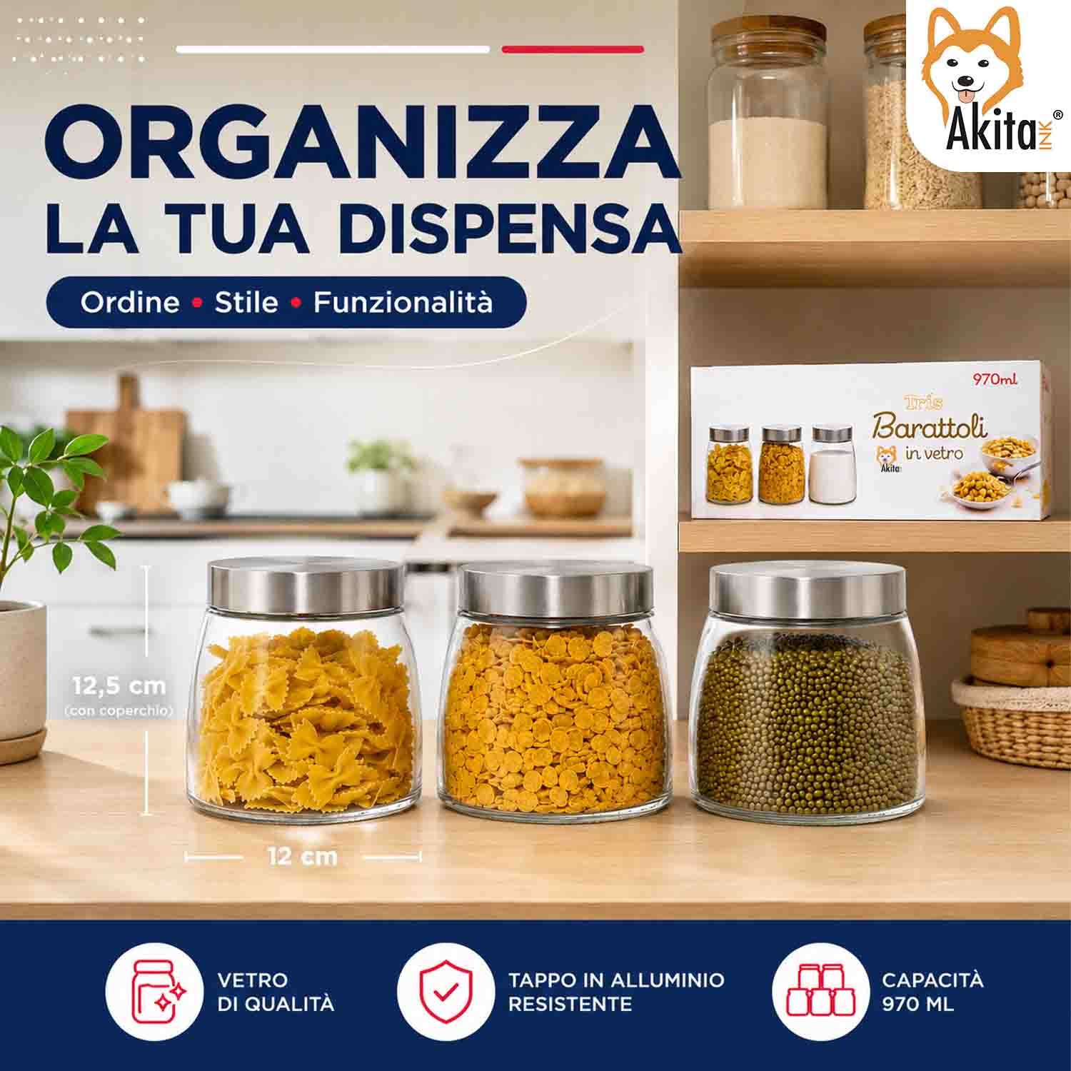 Tris Barattoli in Vetro 970 ml con Tappo Alluminio foto 3