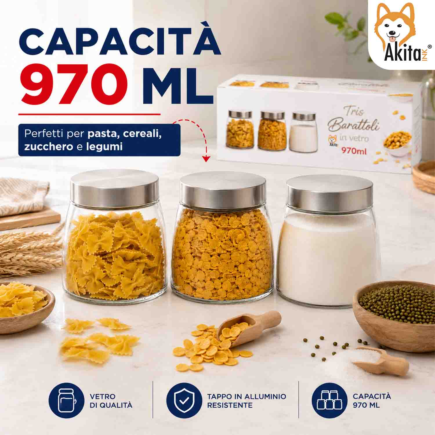 Tris Barattoli in Vetro 970 ml con Tappo Alluminio foto 4
