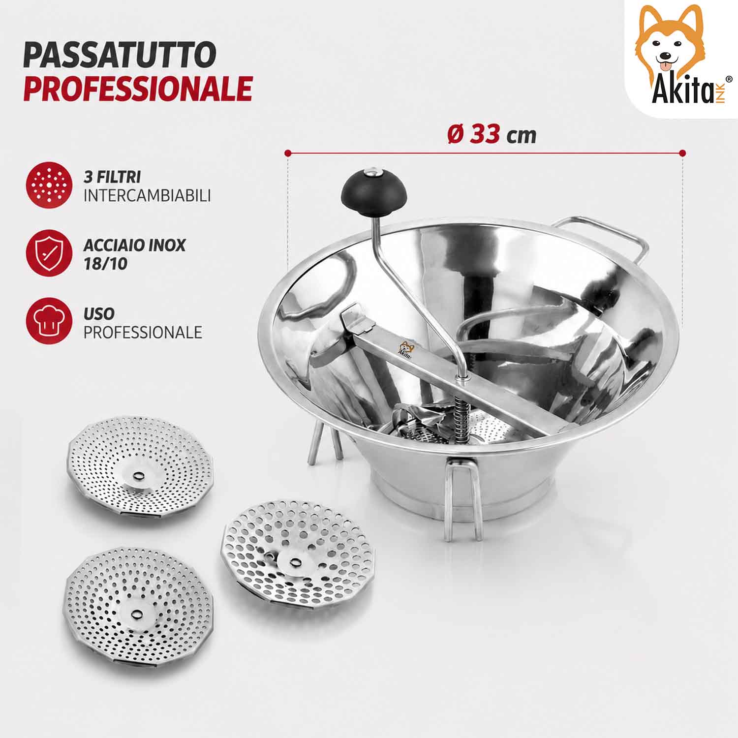 Passatutto 33 cm in Acciaio professionale Chef con 3 Filtri foto 5