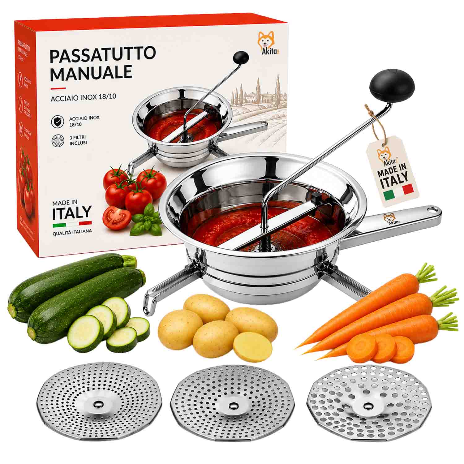 Passatutto acciaio inox 20 cm con 3 filtri.