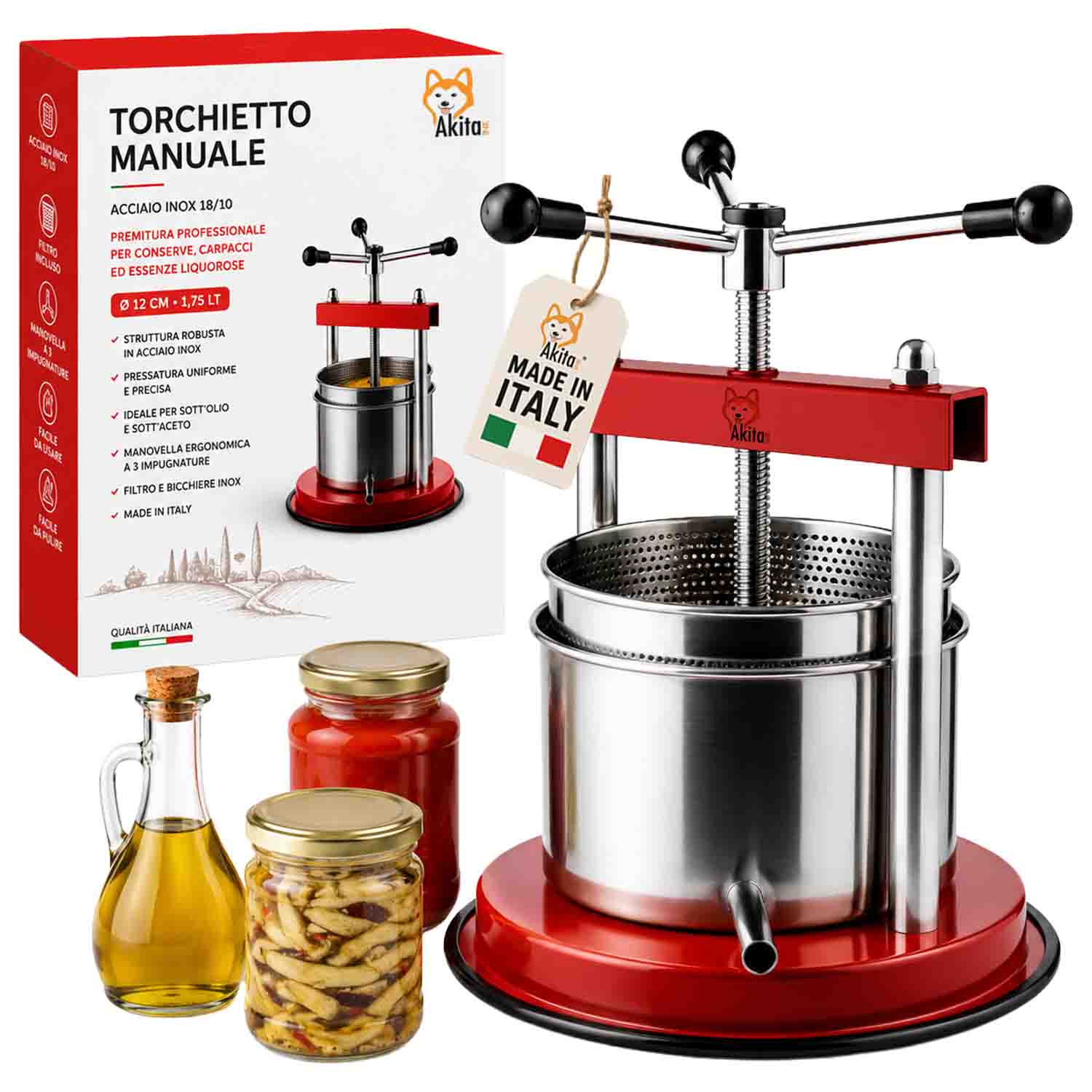 Torchietto manuale cucina 1,75 l con filtro inox 12 cm.