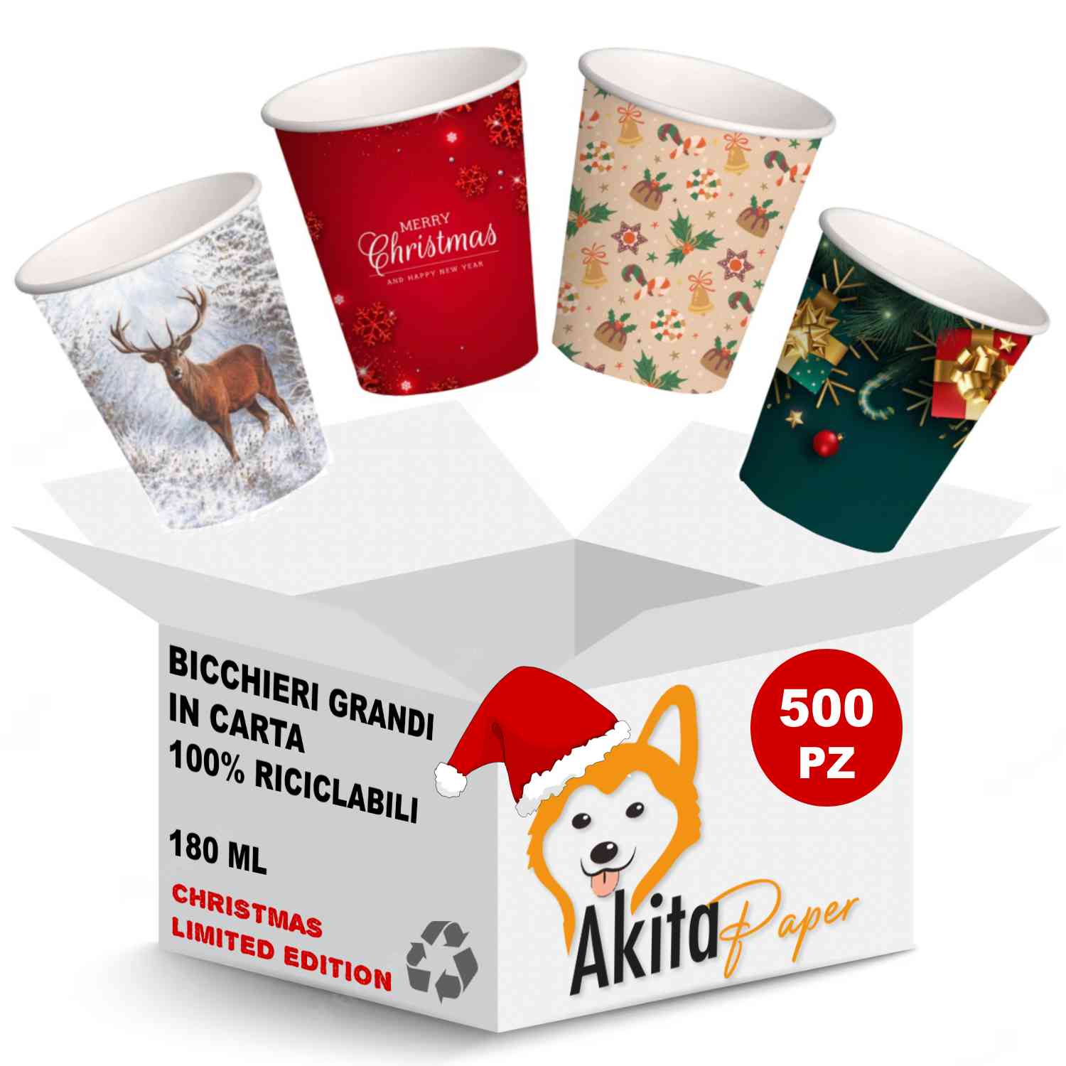 500 Bicchieri natalizi acqua carta 180 ml Natale AKITAInk monouso biodegradabili foto 2