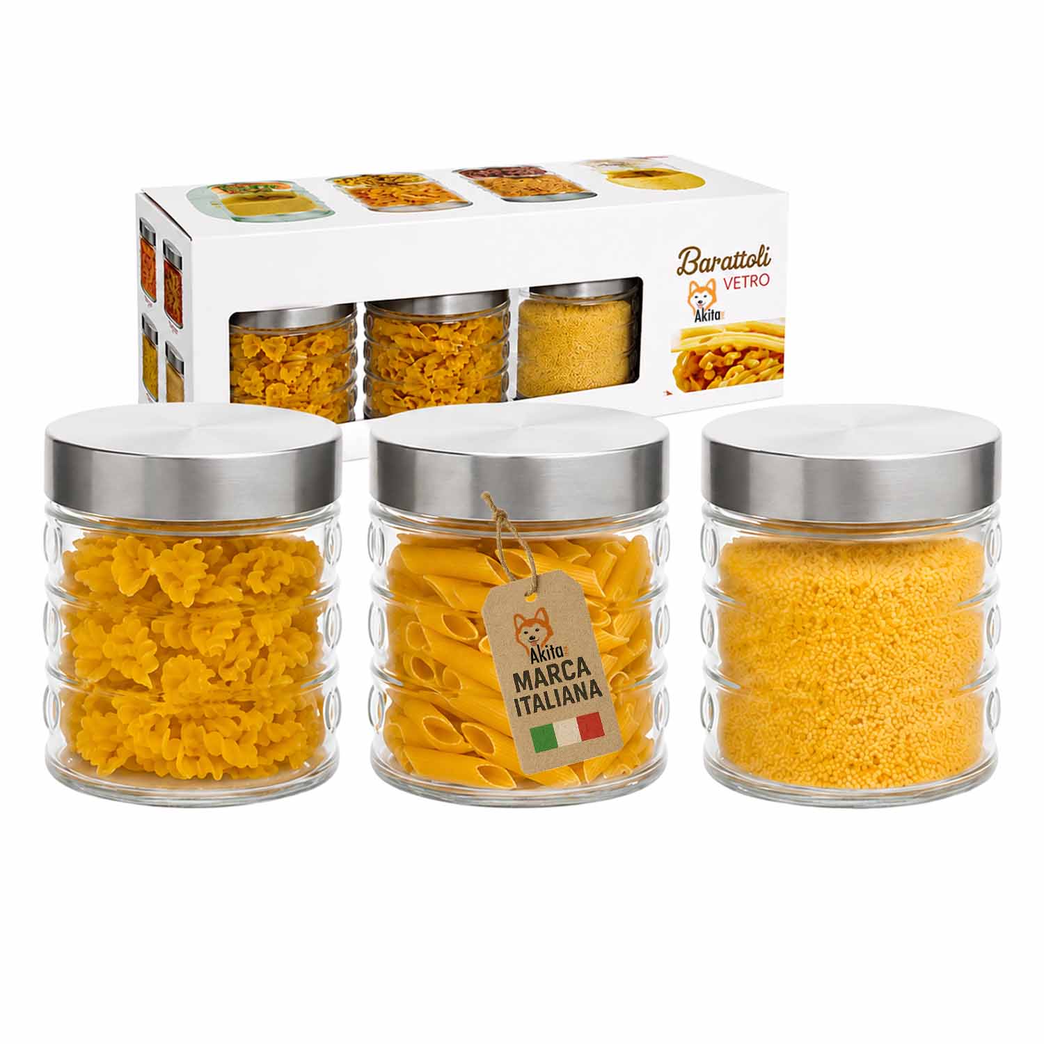 Tris barattoli in vetro 900 ml con tappo alluminio.