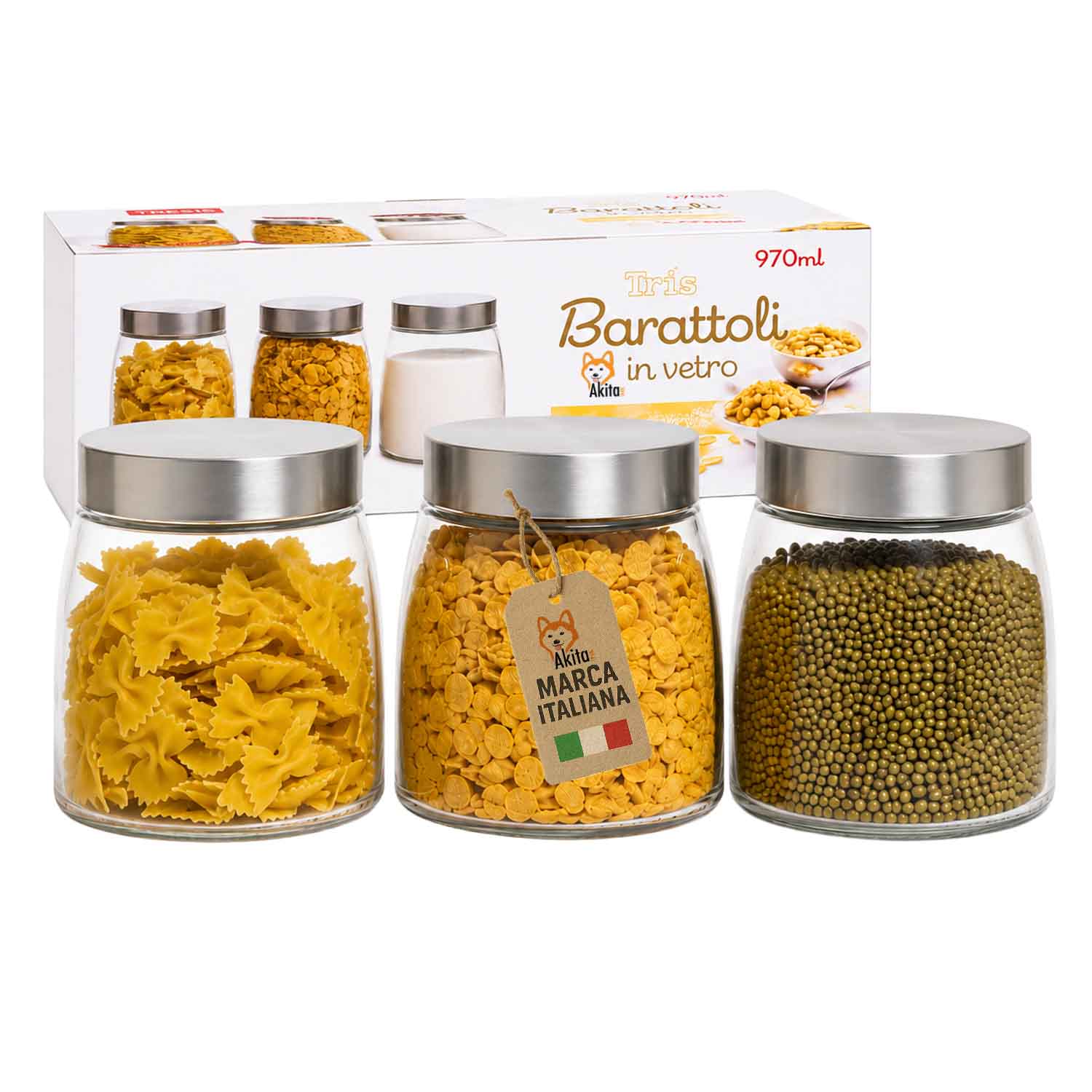 Tris barattoli in vetro 970 ml con tappo alluminio.