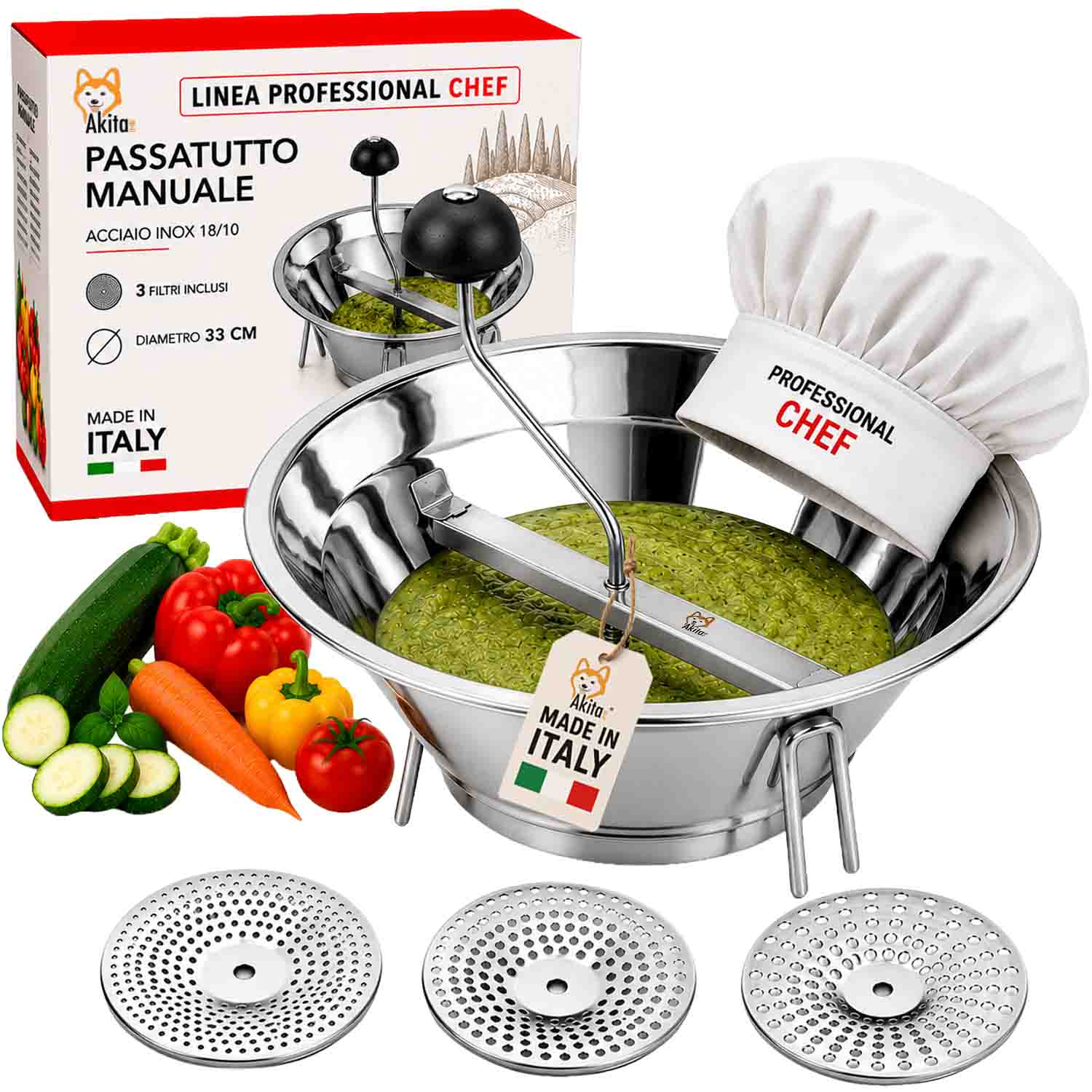 Passatutto 33 cm in Acciaio professionale Chef con 3 Filtri foto 2
