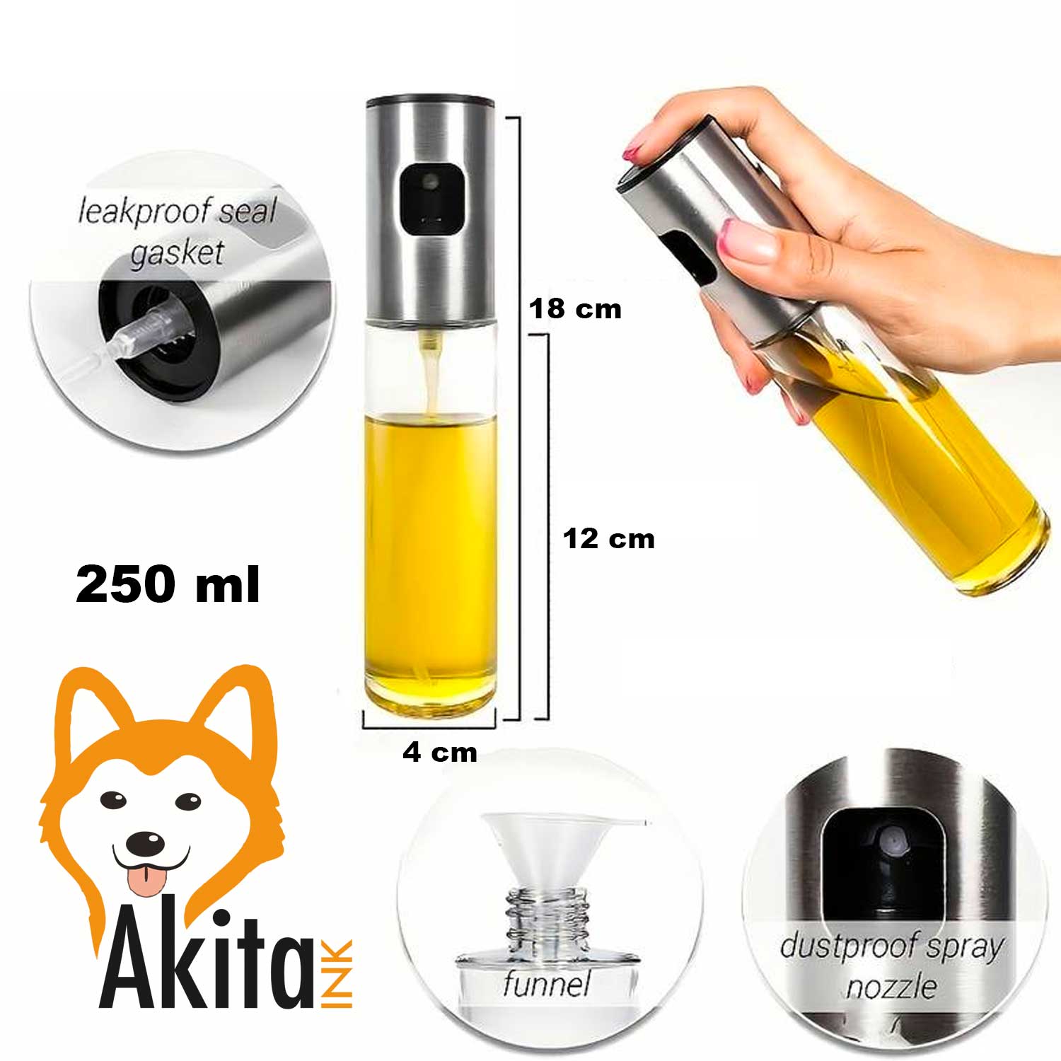 Akitaink - Spruzzatore Olio 250 ml, Spruzzino Olio per Friggitrice ad Aria foto 3