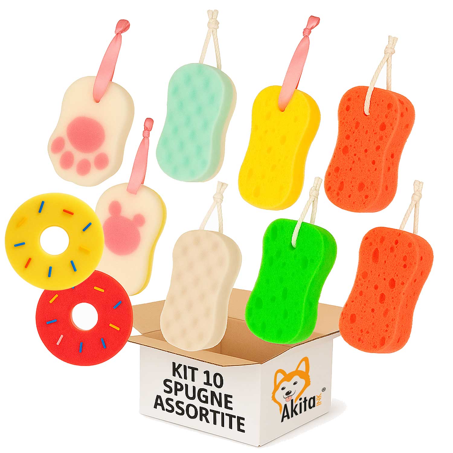 Kit 10 spugne bagno colorate per adulti e bambini.