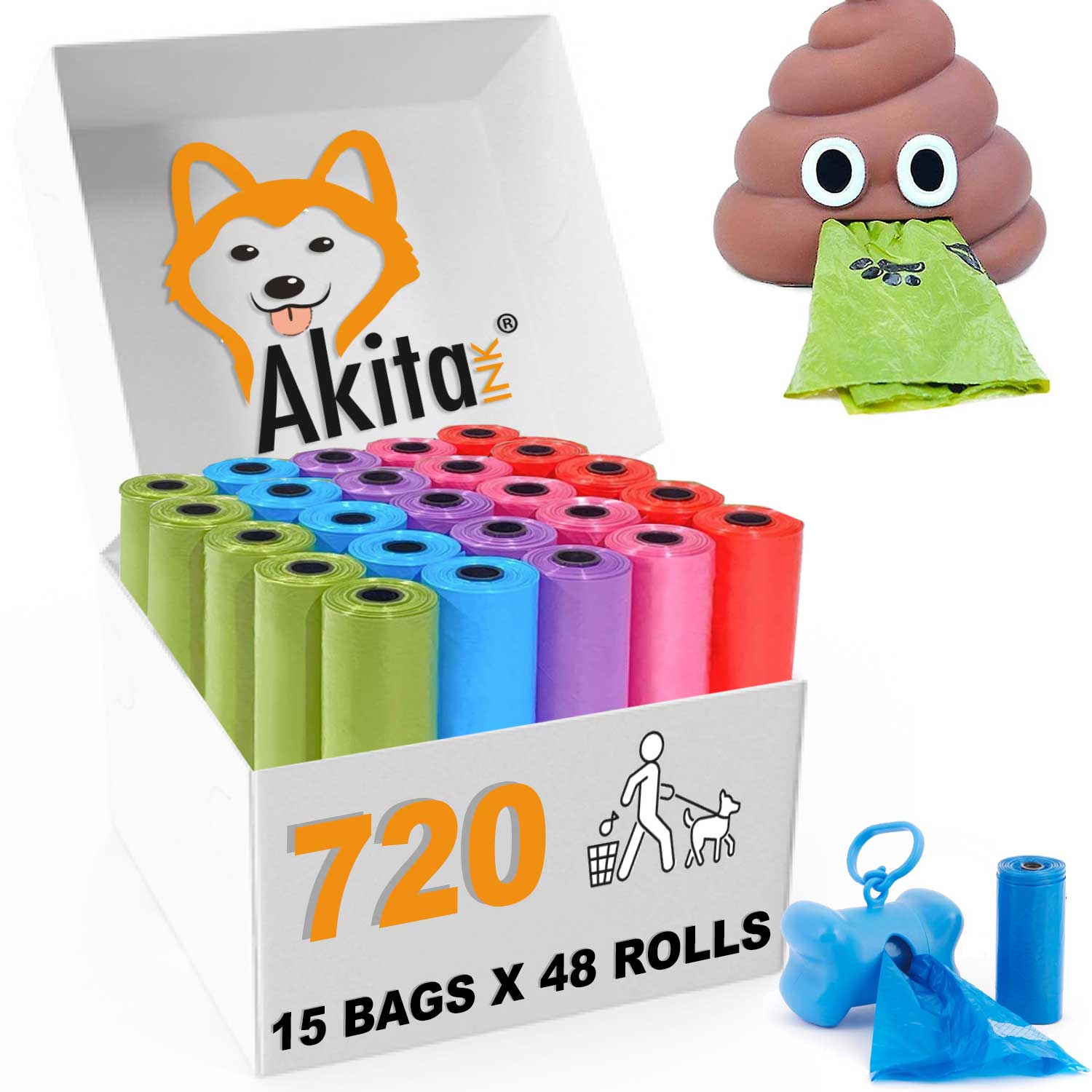 Akitaink 720 sacchetti cane cacca - ecologici, anti-perdite colorati 31x22 cm 