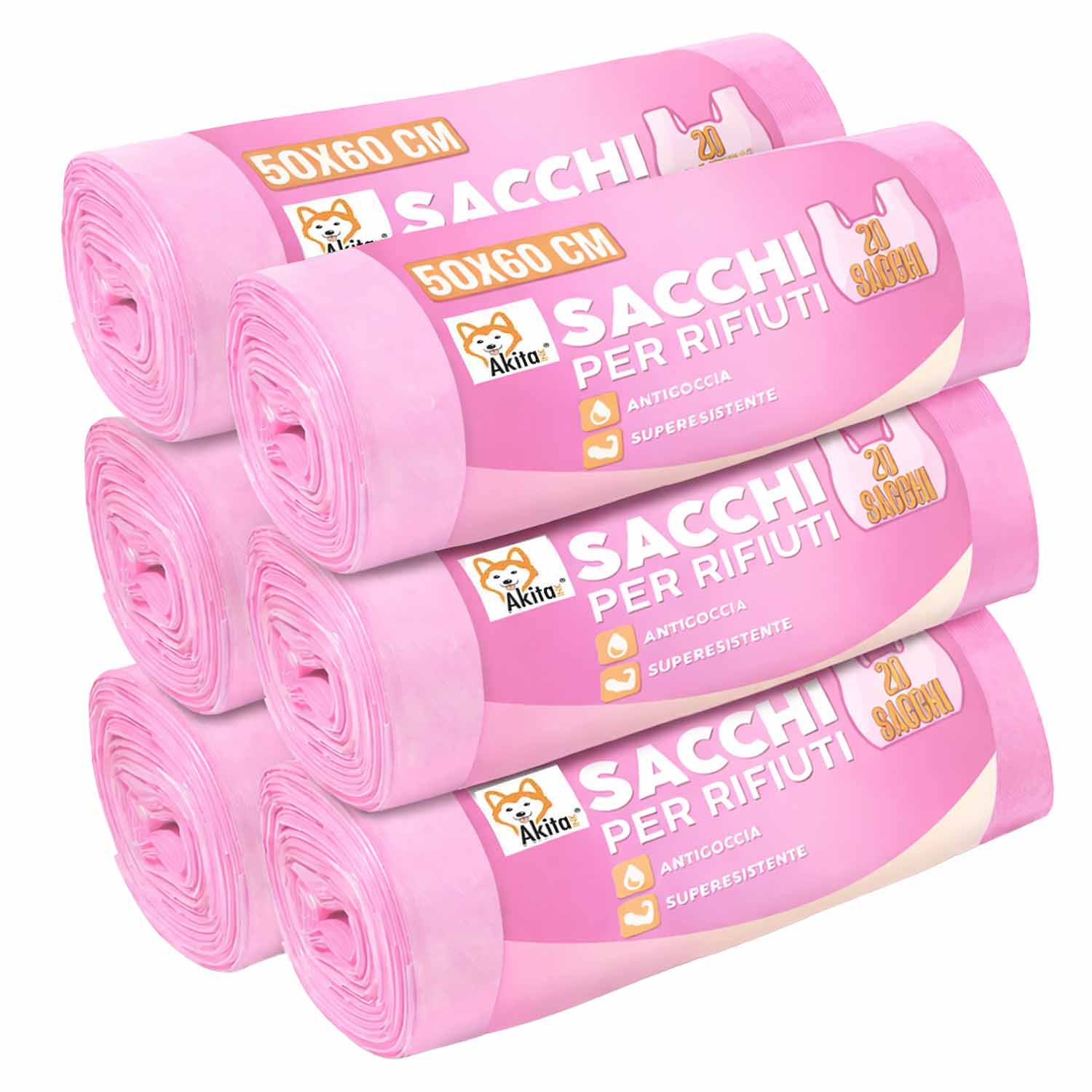 120 sacchi nettezza antiforo con manici 50x60 cm rosa.