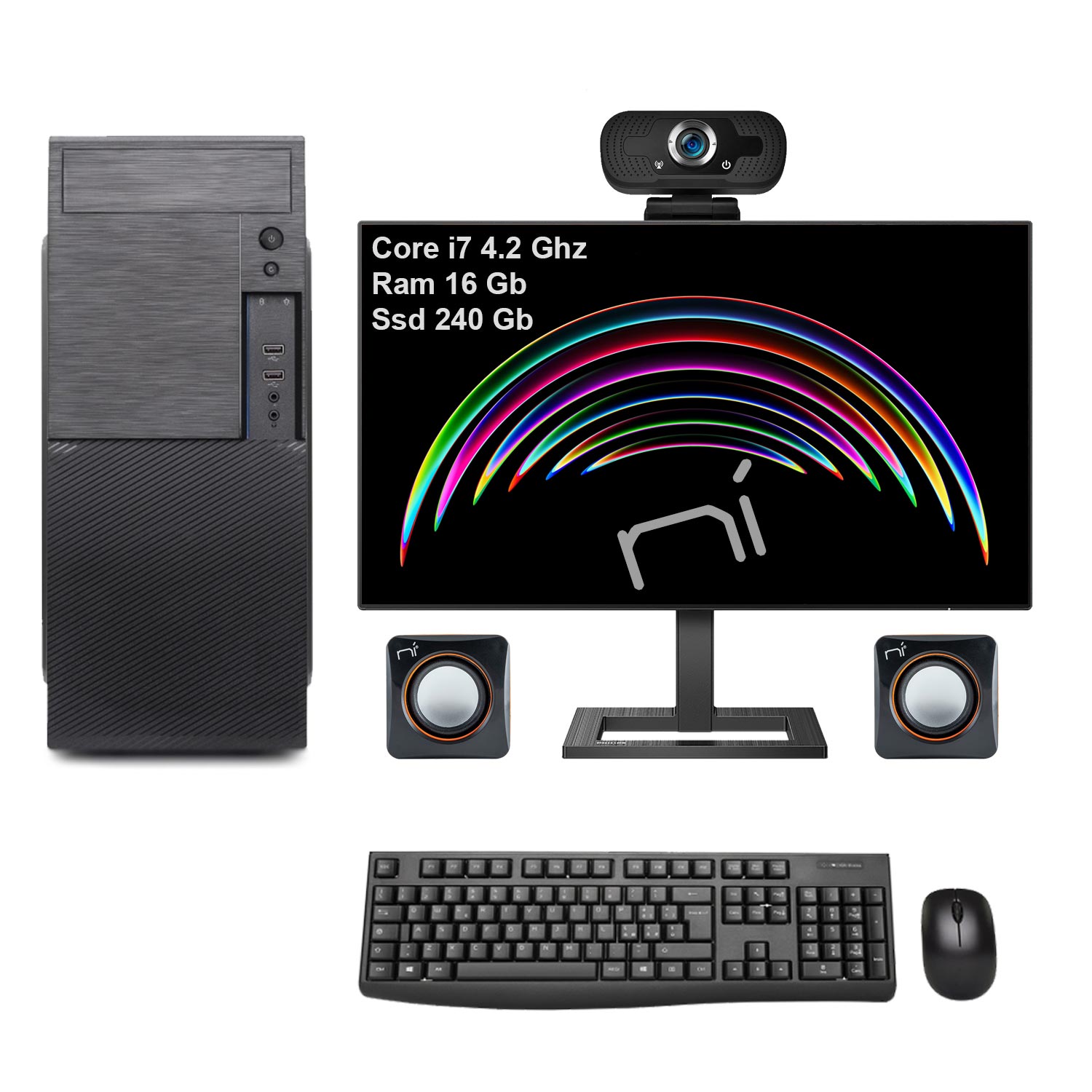 Kit pc fisso intel i7 16gb ram ssd 240gb con monitor mouse tastiera altoparlanti.