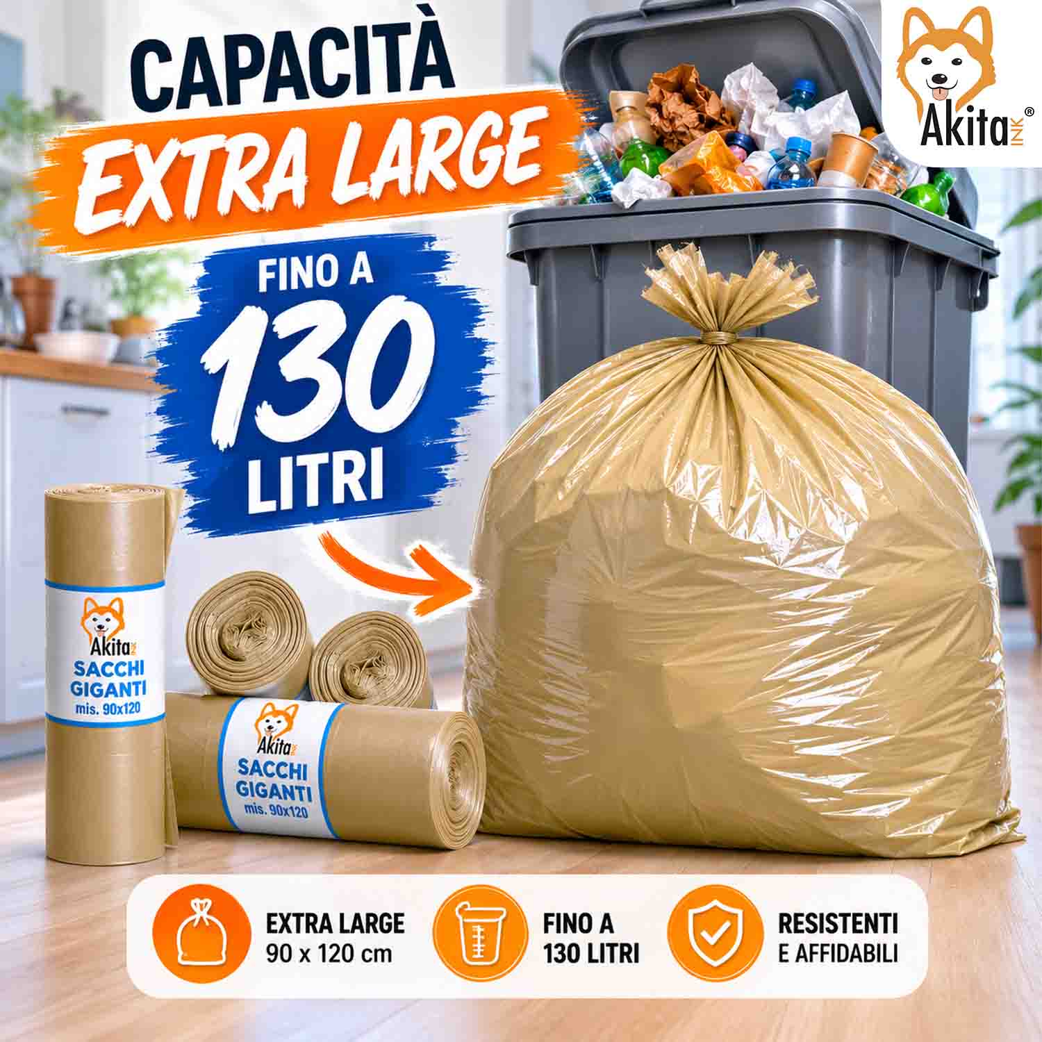 Akitaink Sacchi Spazzatura Grandi 90x120 Ambra - 40pz foto 3