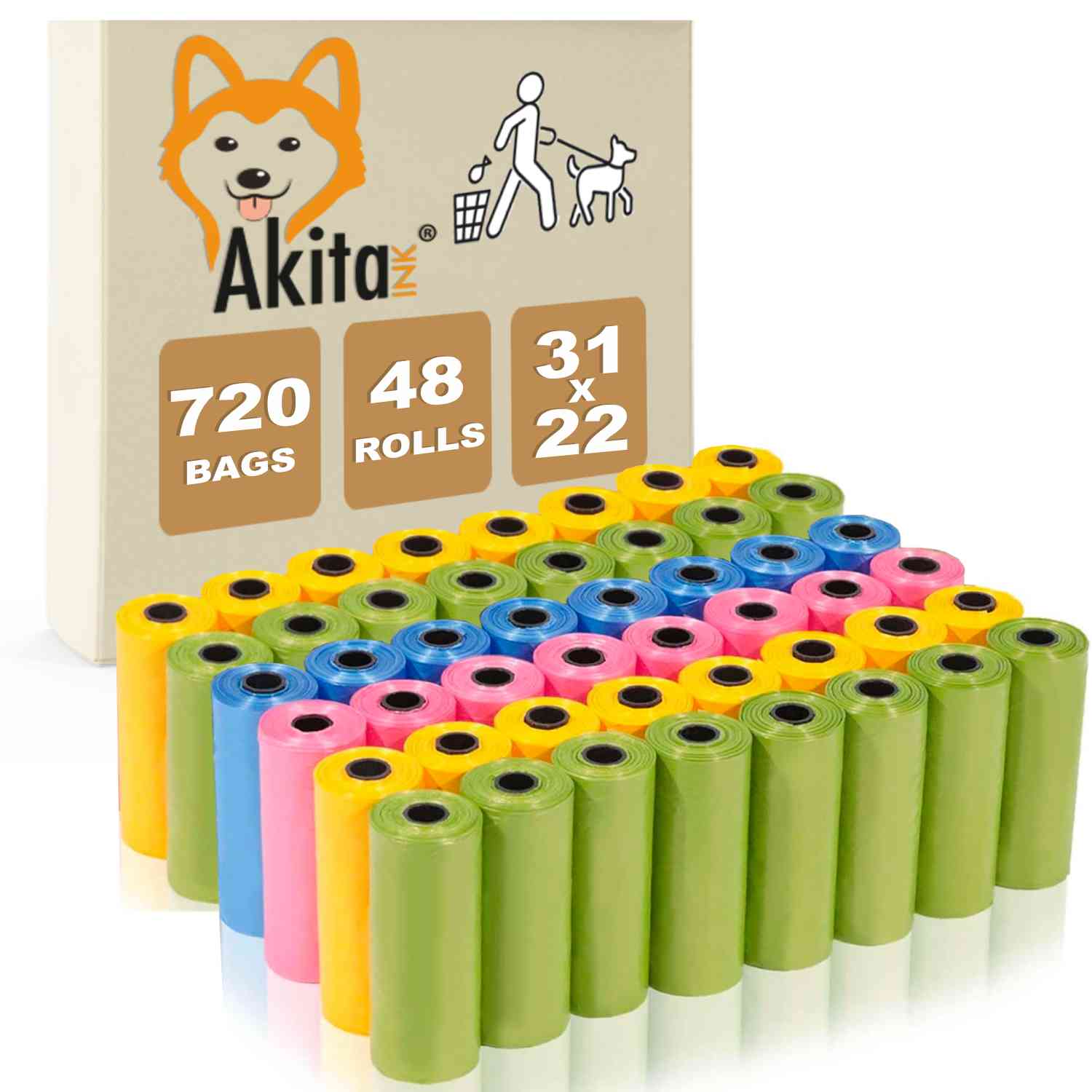 Sacchetti per cacca di cane akitaink: 720 sacchetti, 48 rotoli da 15 sacchetti.