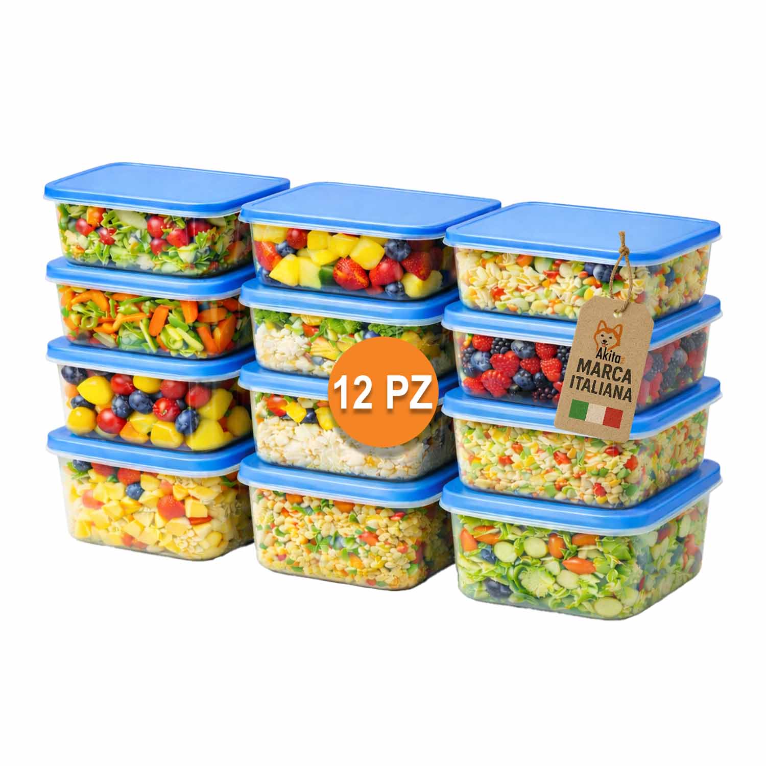 Set 12 contenitori rettangolari 650 ml con coperchio blu.