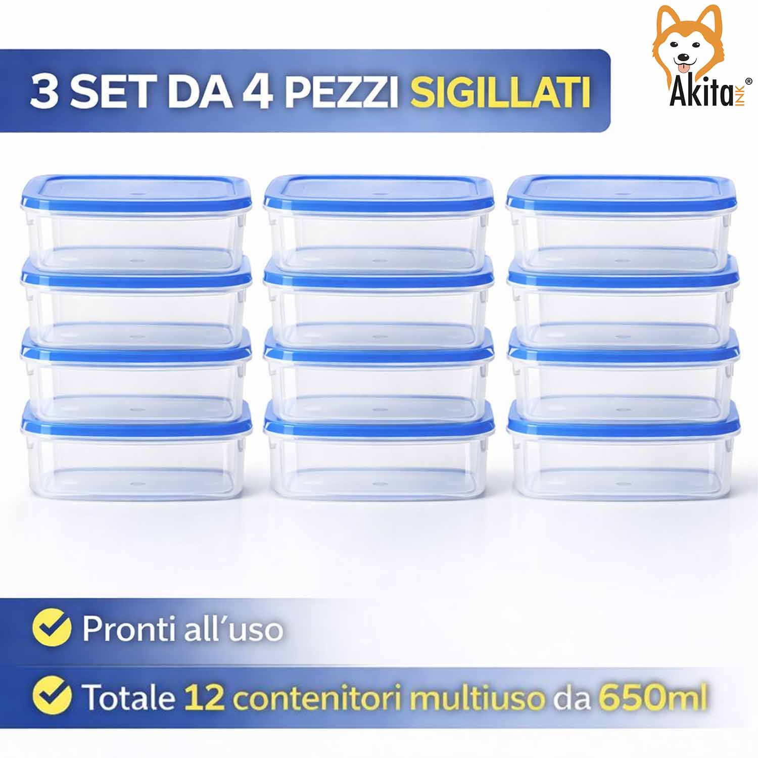 Set 12 Contenitori Rettangolari 650 ml con Coperchio Blu foto 5