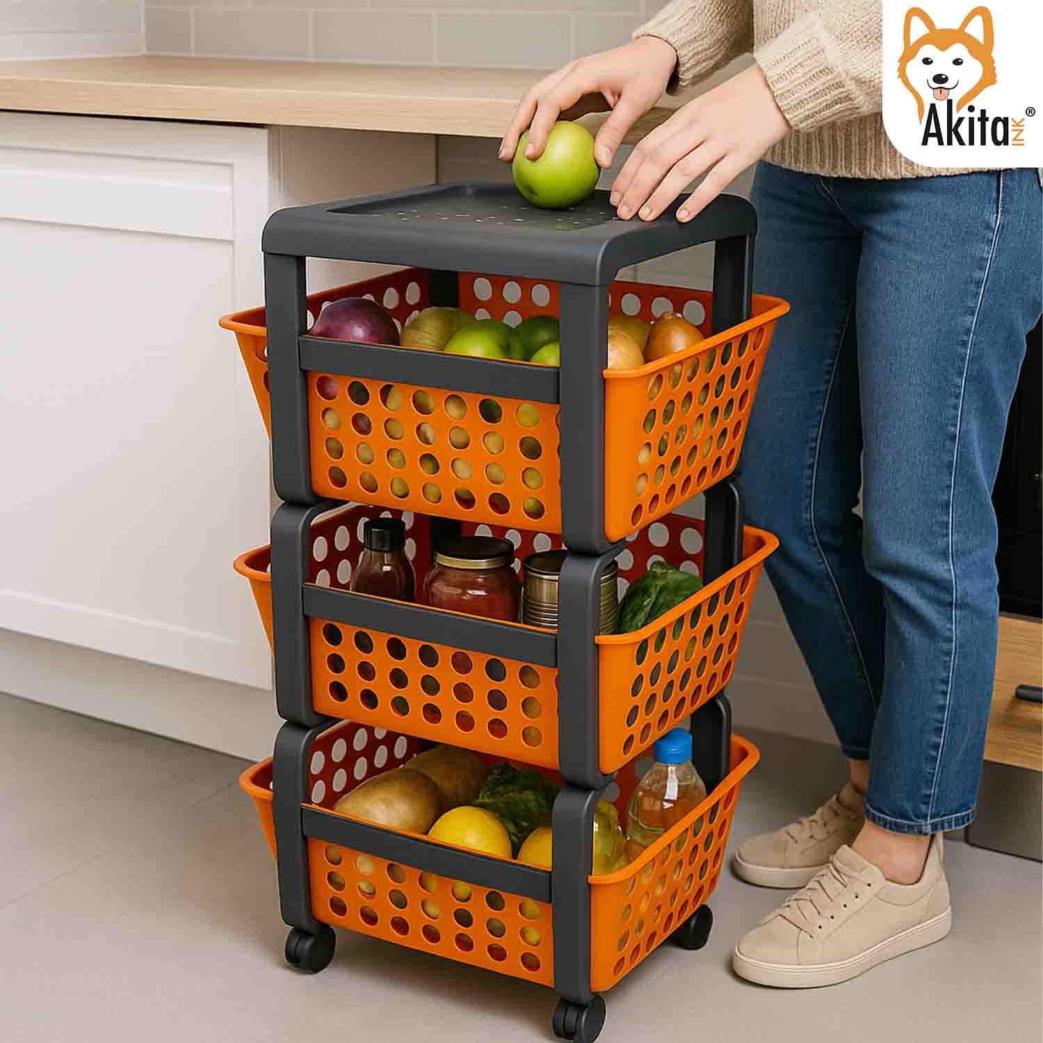 Carrello Portatutto 3 Ripiani Arancione con Ruote Salvaspazio foto 3