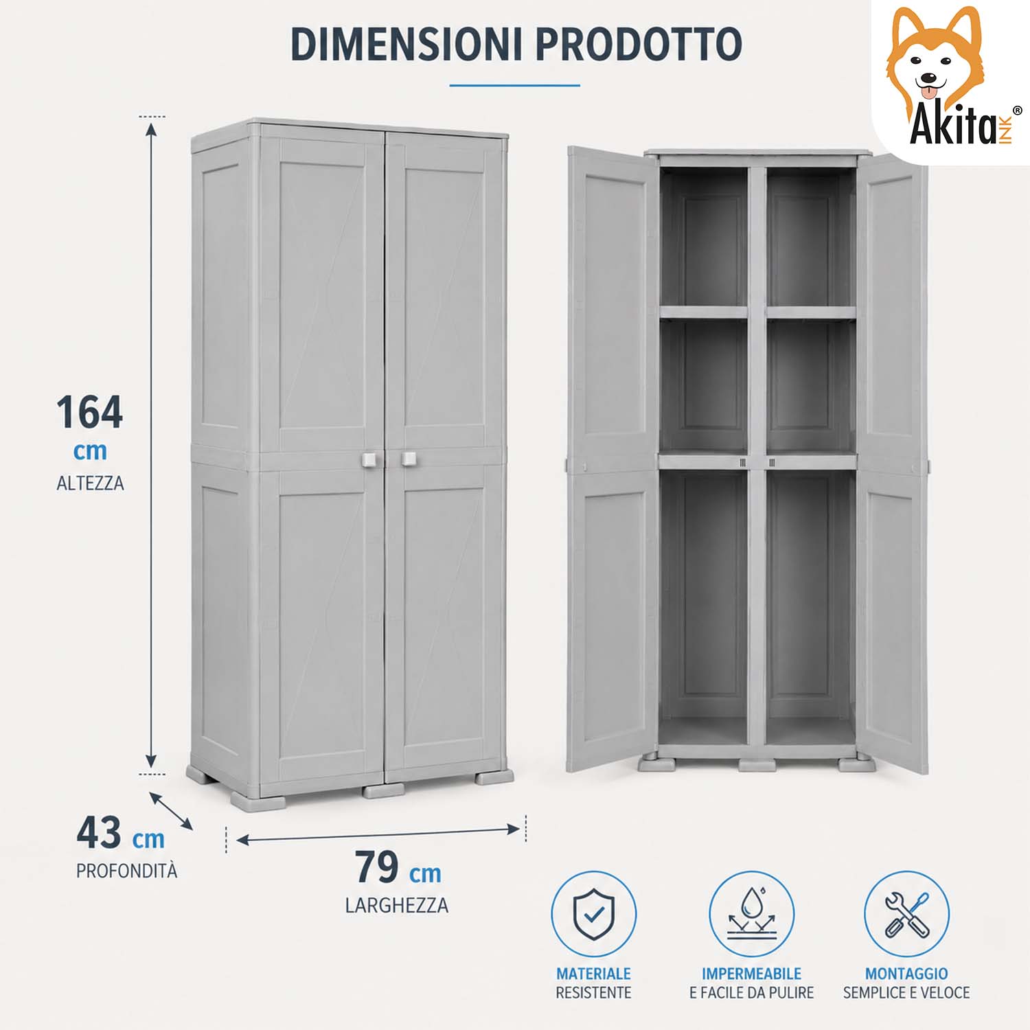 Akitaink Armadio Omnimodus Simplex con 2 Ripiani Grigio foto 3