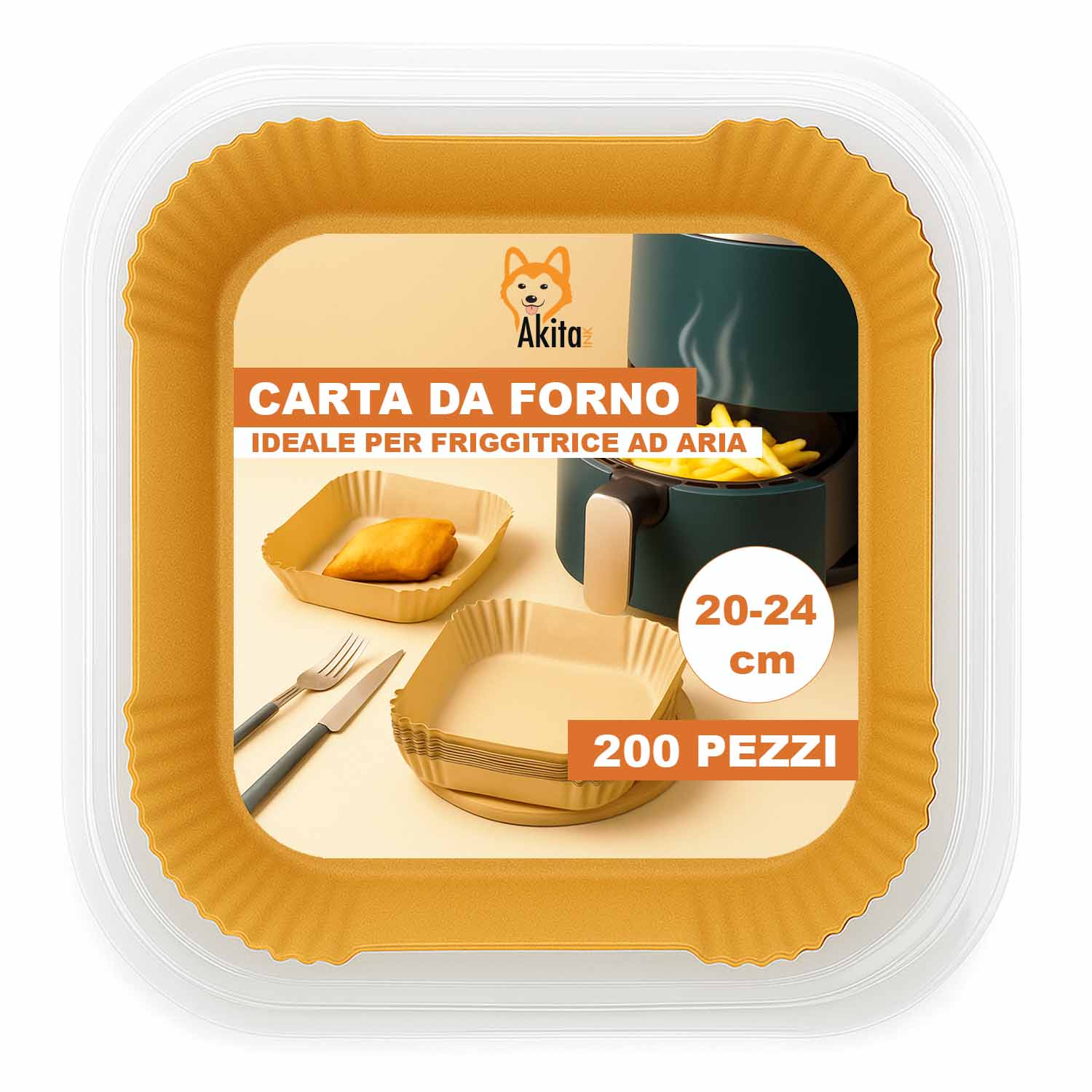 Carta friggitrice aria 200 fogli quadrati 20-24cm.