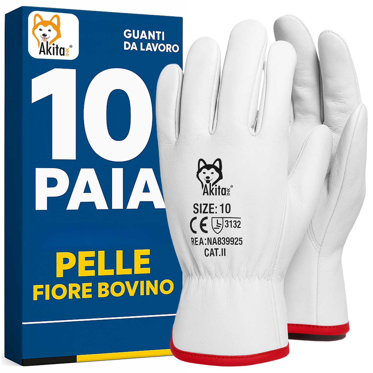 Guanti da lavoro pelle bovino 10 paia taglia 10.