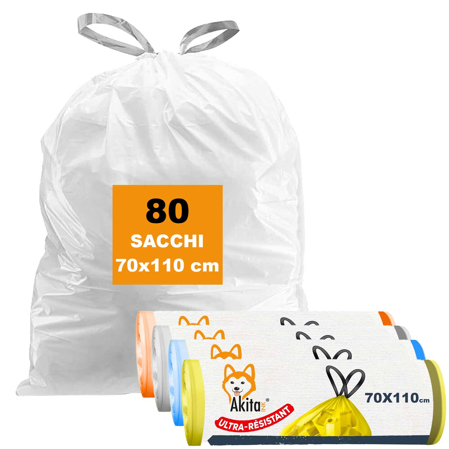 AkitaInk, 80 sacchi per pattumiera 70X110 con manici Alta Resistenza, 110L foto 2