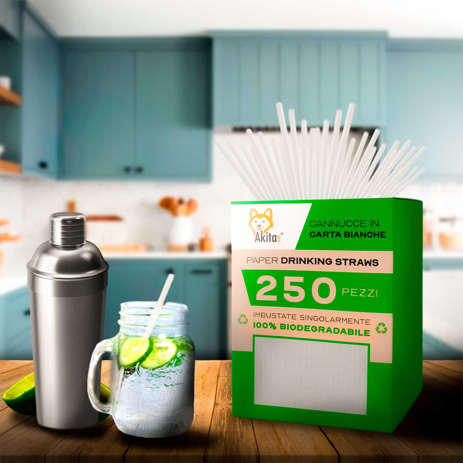 Akitaink [250 pezzi - 20 cm - 6mm] Cannucce per cocktail nere in carta - Bianco foto 3