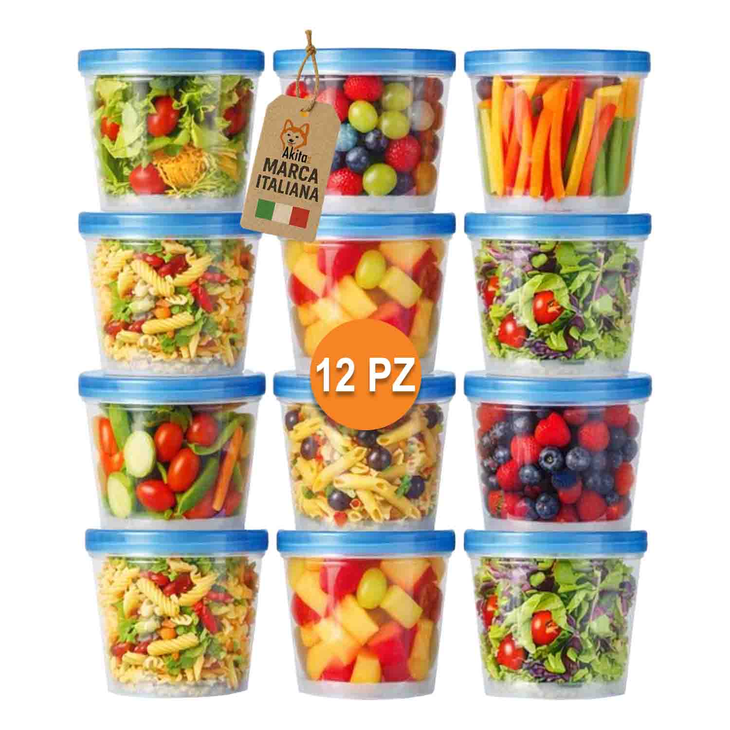 Set 12 contenitori tondi 700 ml con coperchio blu.