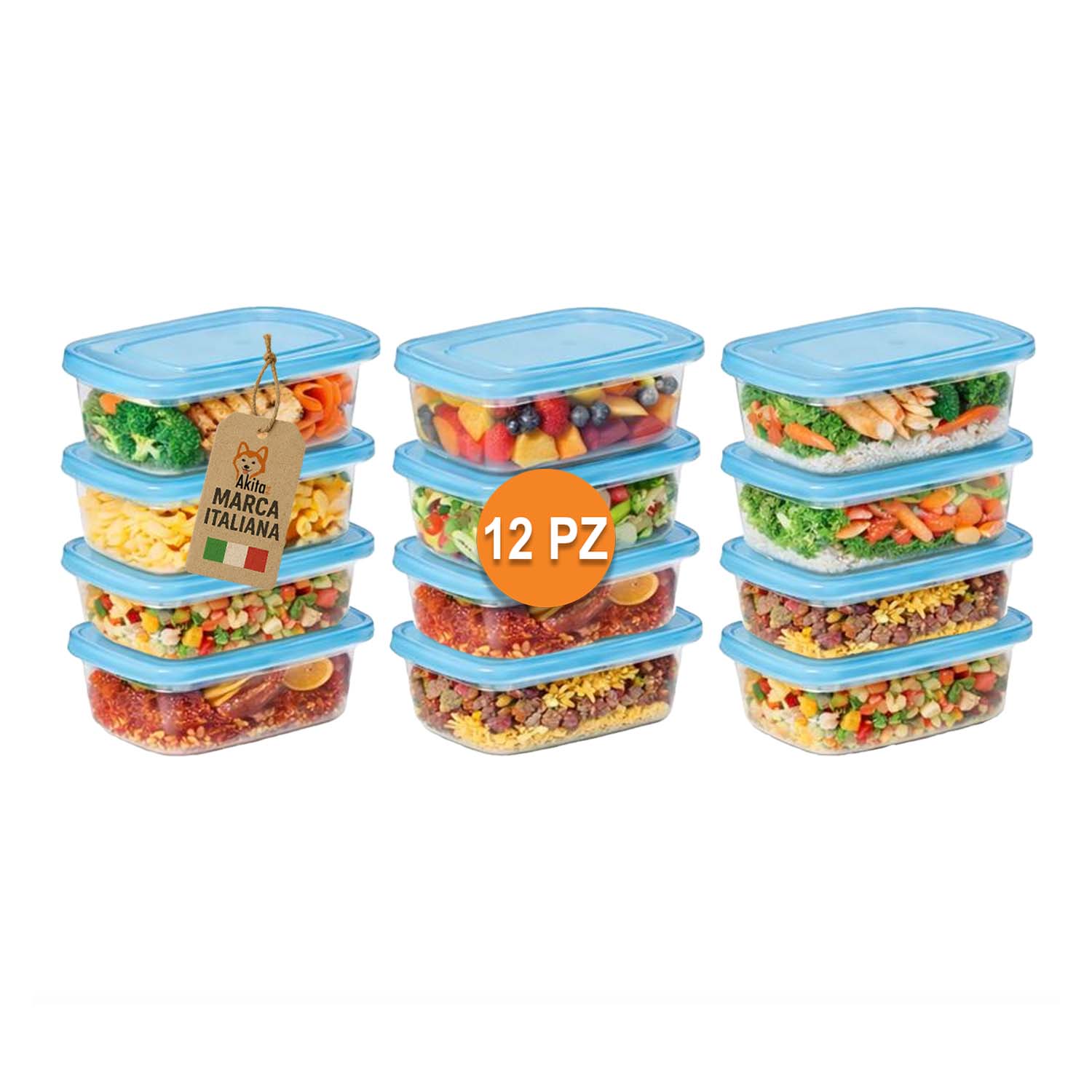 Set 12 contenitori ovali 500 ml con coperchio blu.