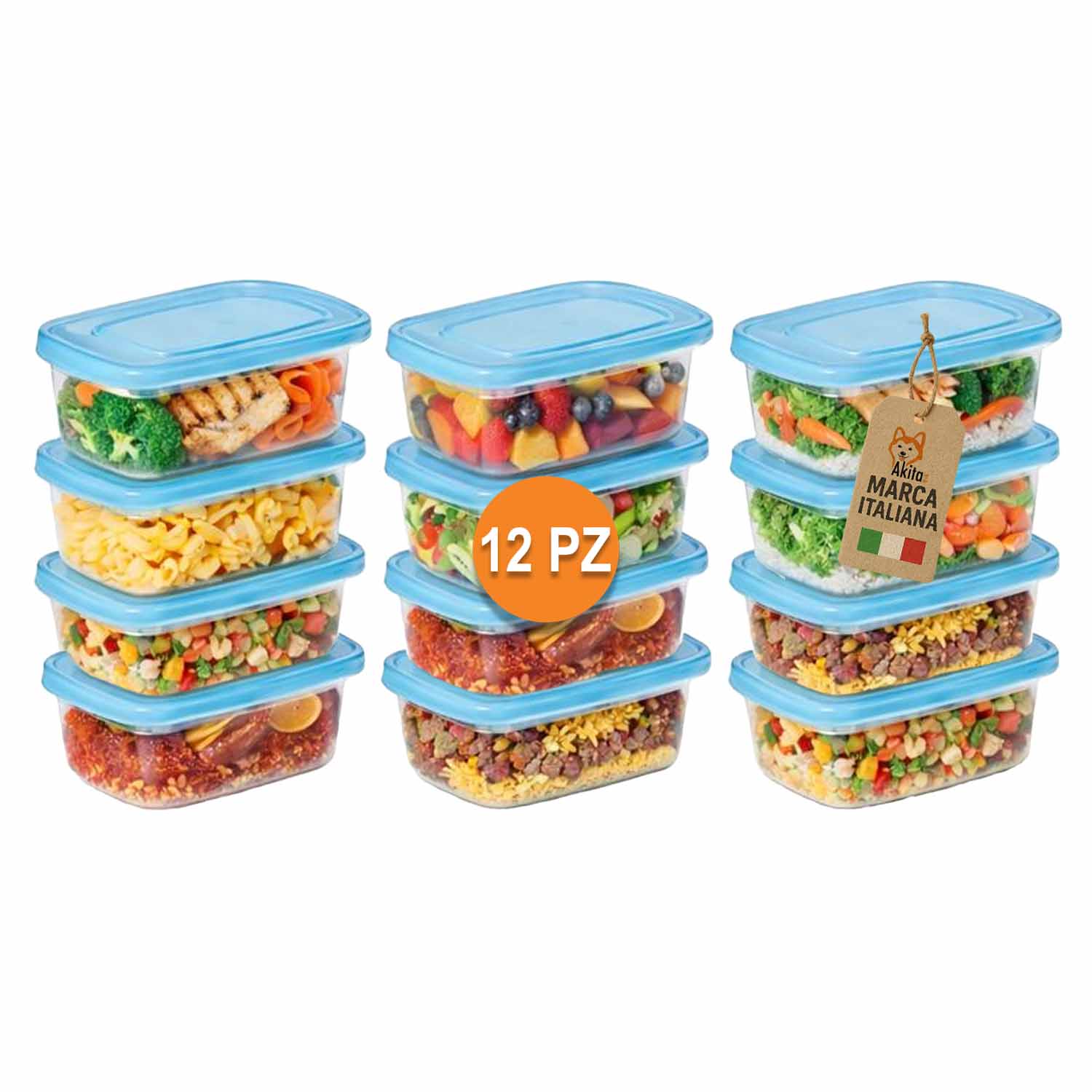 Set 12 contenitori ovali 750 ml con coperchio blu.