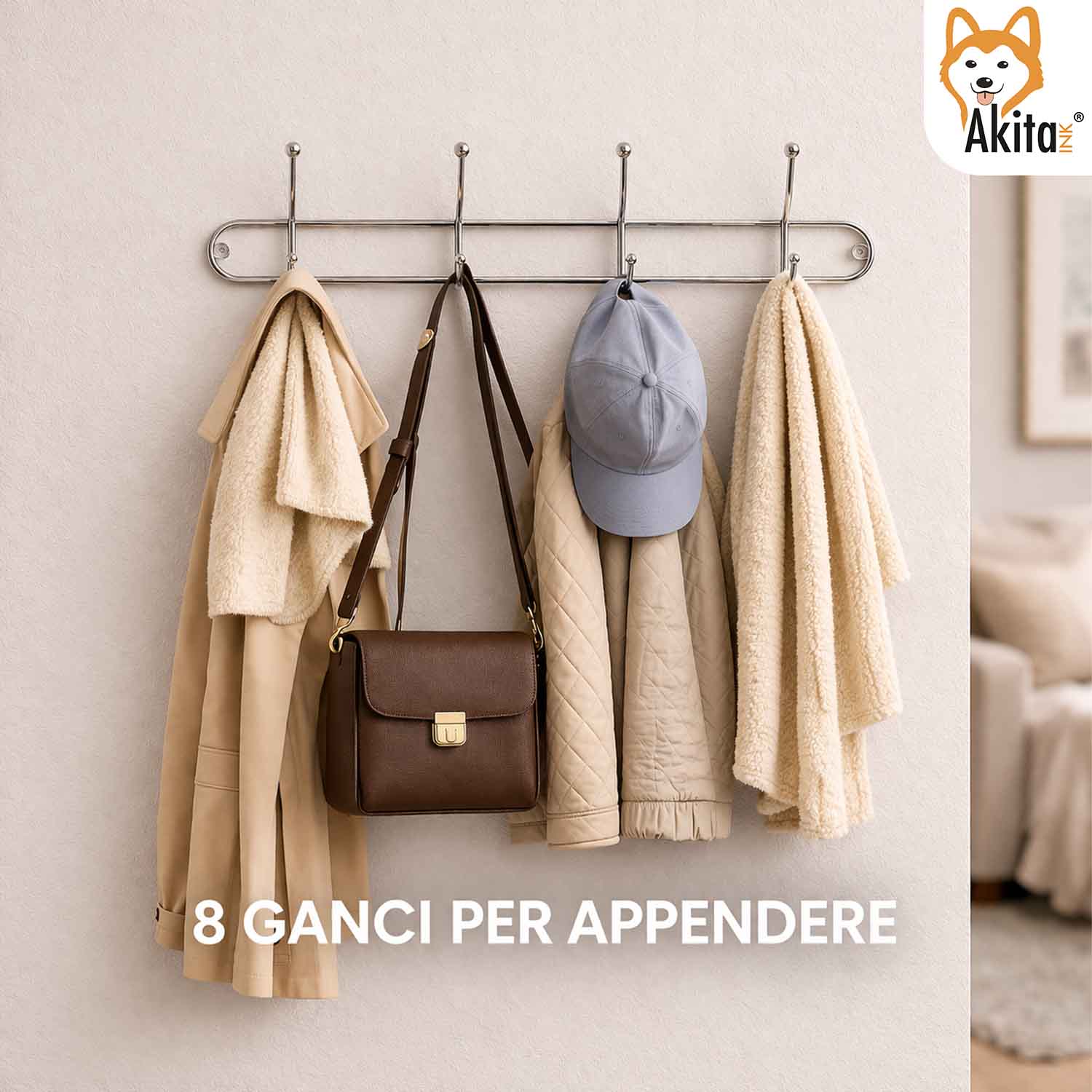 Attaccapanni Appendiabiti da Parete 8 Posti Metallo Cromato foto 4