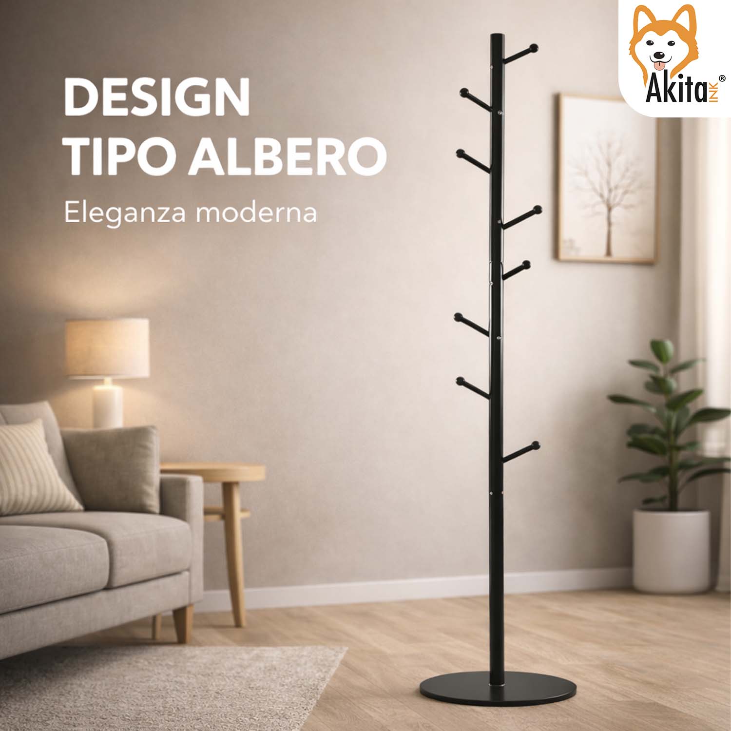 Attaccapanni da Terra Metallo 8 Ganci con Base MDF Nero foto 6