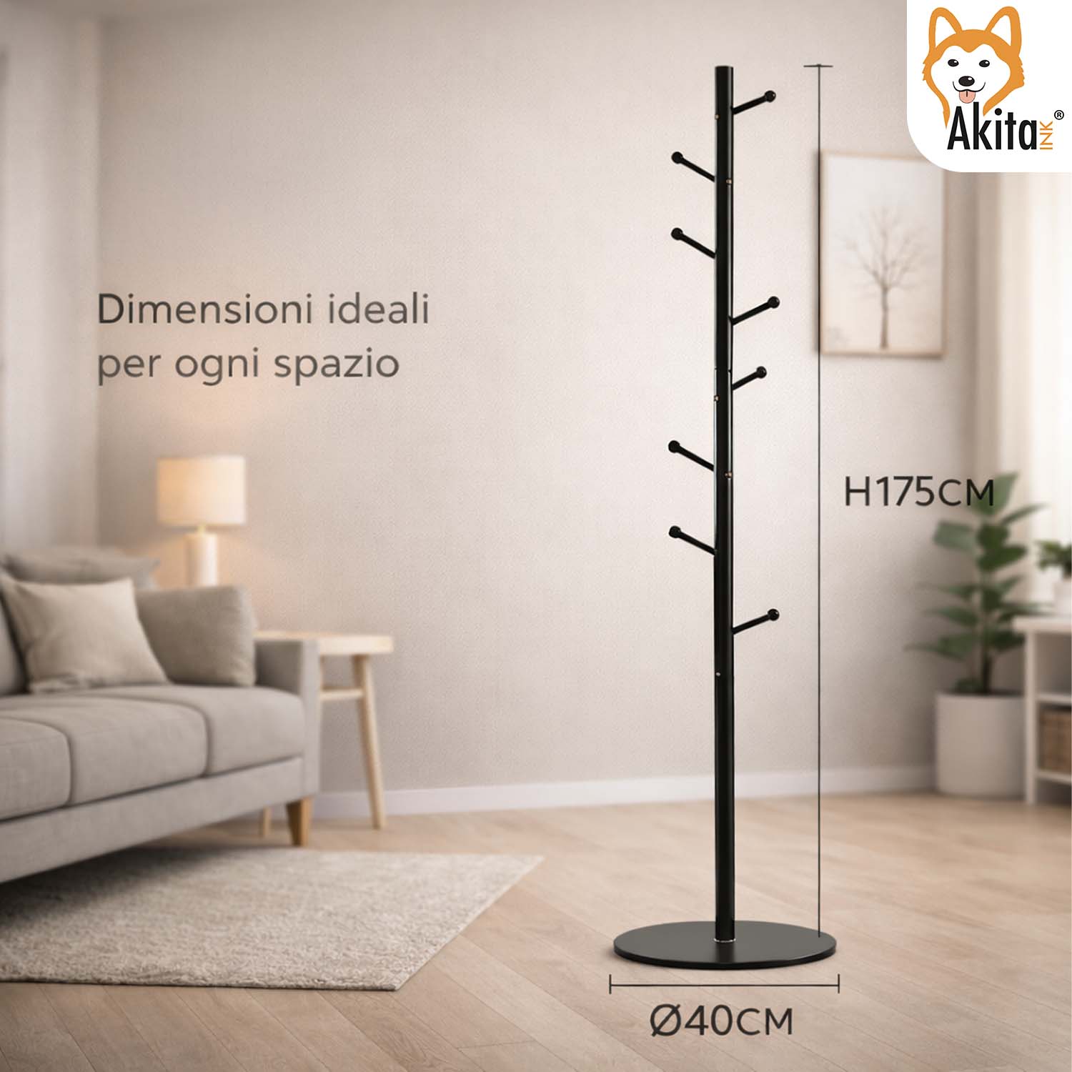 Attaccapanni da Terra Metallo 8 Ganci con Base MDF Nero foto 5
